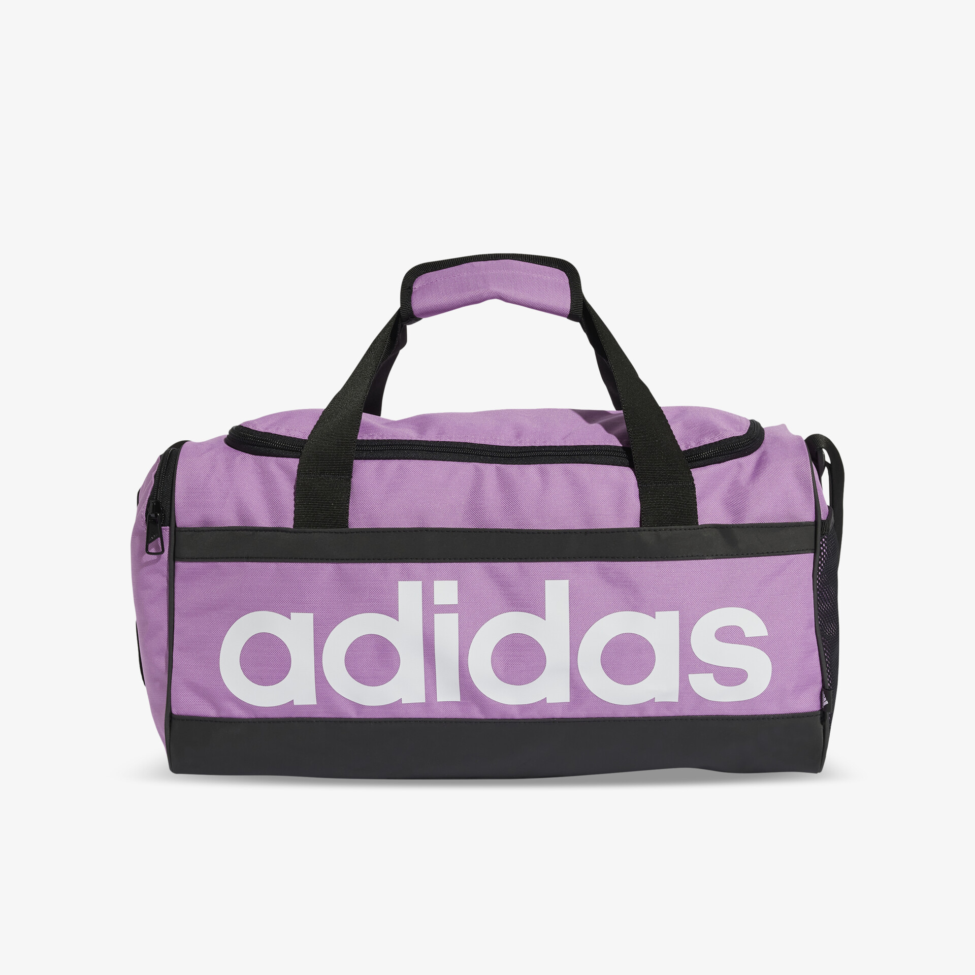 Lila und schwarze adidas Sporttasche mit großem Logo, robust und geräumig, praktisch für Alltag und Training