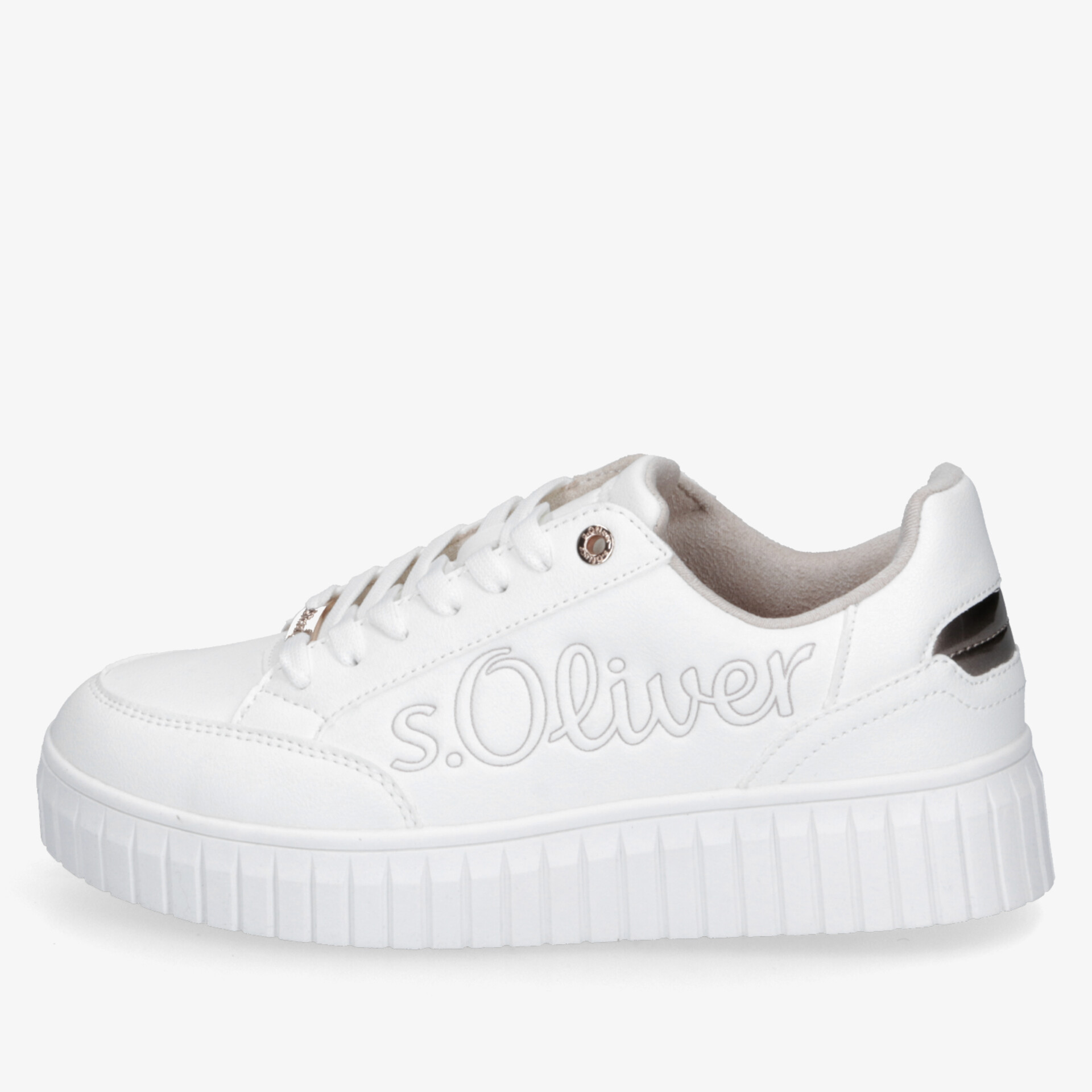 weißer Sneaker mit sportlichem Design und bequemer dicker Sohle, seitliche Ansicht