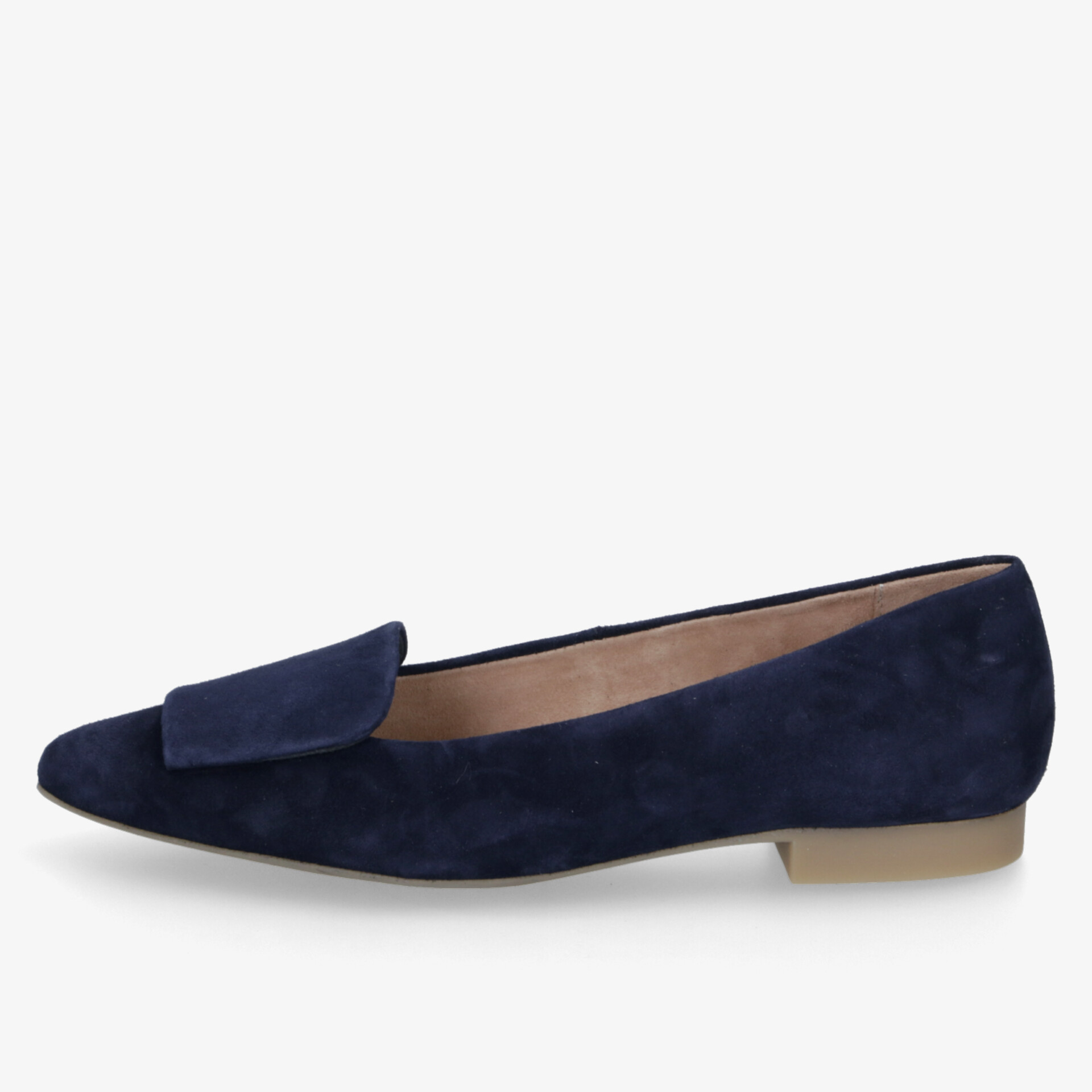 Eleganter navyfarbener Veloursleder-Loafer mit flachem Absatz, ideal für stilvolle Anlässe.