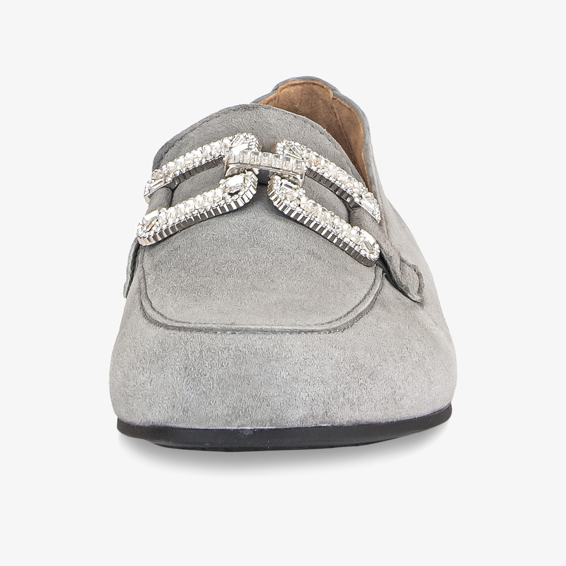 Eleganter grauer Loafer mit glitzernder Schmuckverzierung, perfekter Komfort und rutschfeste Sohle.