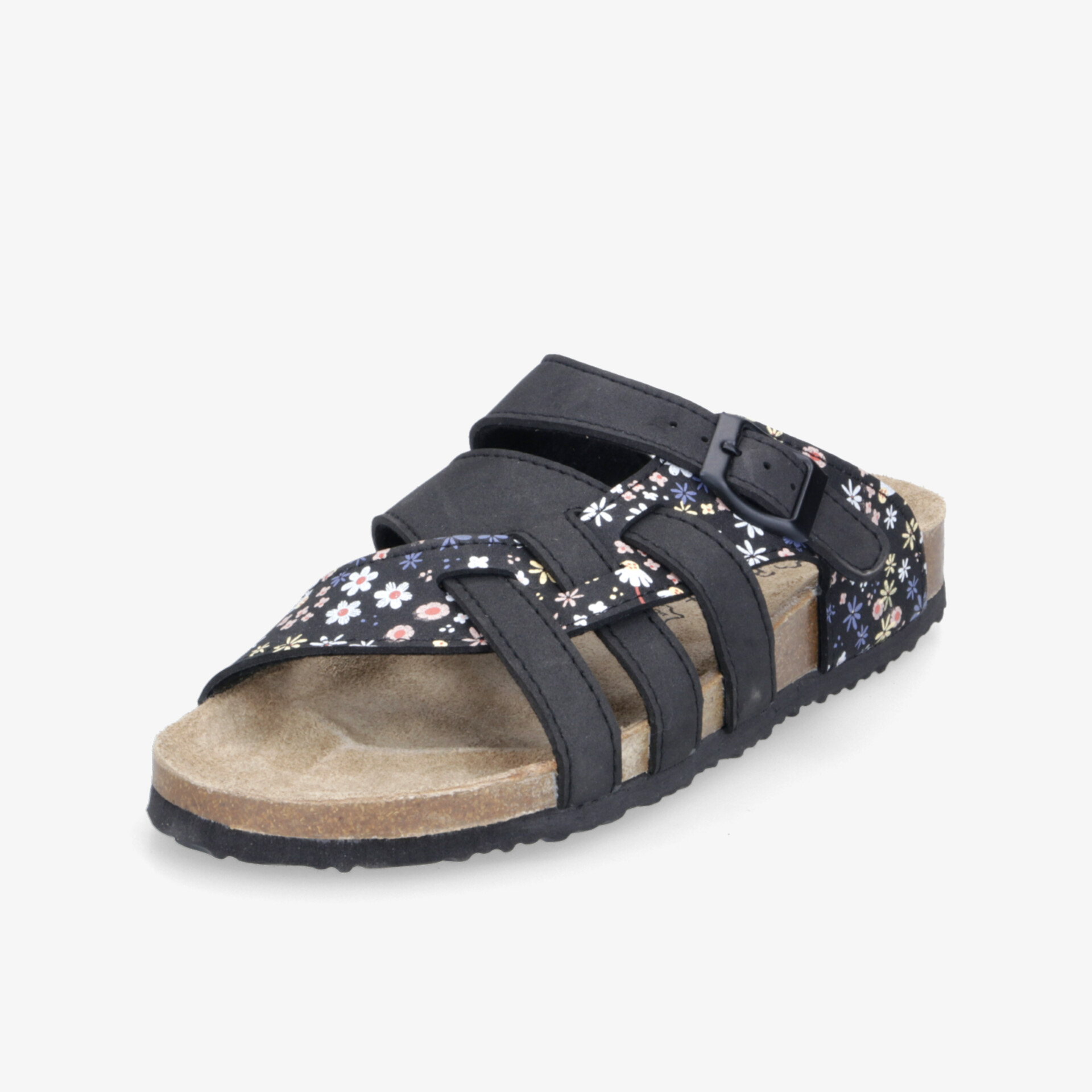 Bequeme schwarze Sandale mit floralem Muster, verstellbarem Riemen und weich gepolstertem Fußbett für angenehmen Tragekomfort