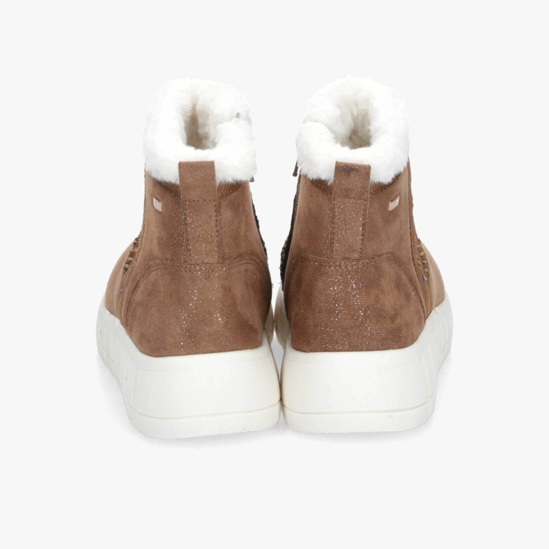 Robuste braune Winter-Sneaker mit weichem Fellfutter und rutschfester Sohle, Rückansicht zeigt gepolsterten Komfort