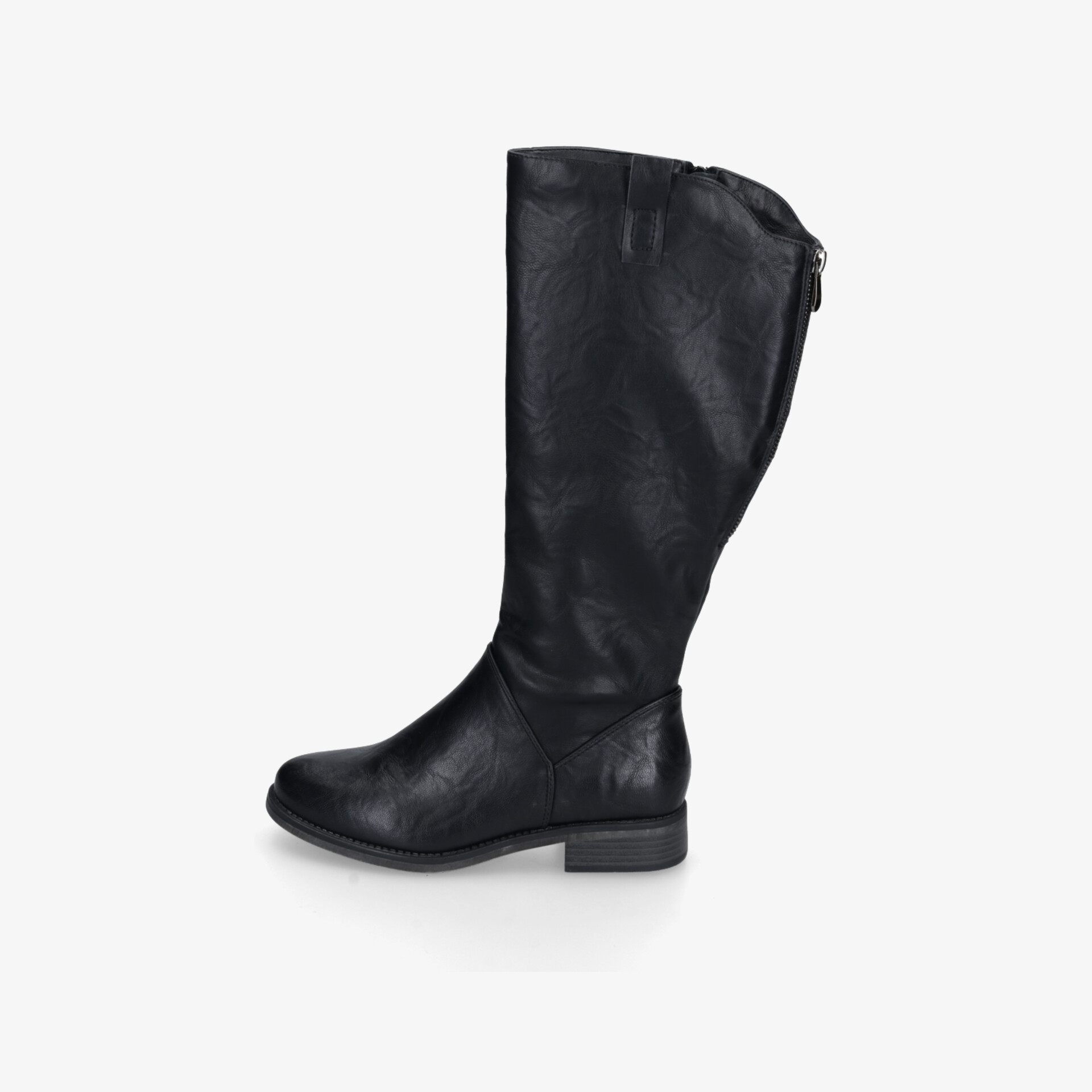 Langer schwarzer Stiefel mit hohem Schaft und flacher, stabiler Sohle für komfortables Tragen im Alltag