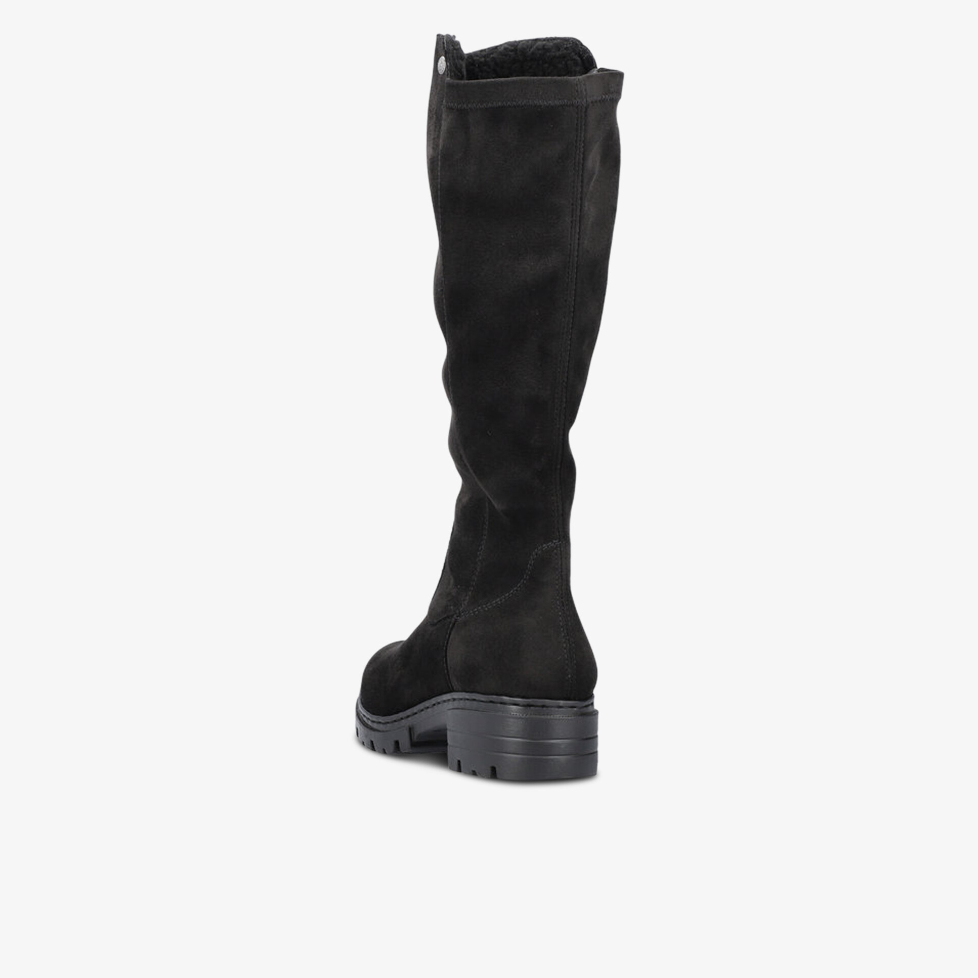 Schwarzer Stiefel mit hohem Schaft und robustem Absatz, klare Rückansicht