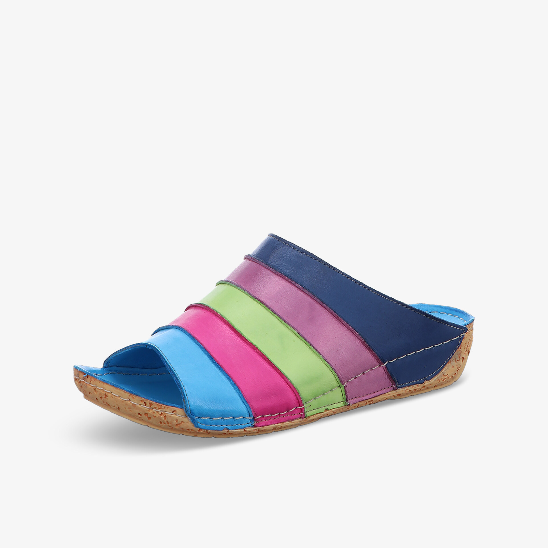 Bequemer, bunter Lederslipper mit elastischen Riemen und rutschfester Korksohle für angenehmen Tragekomfort