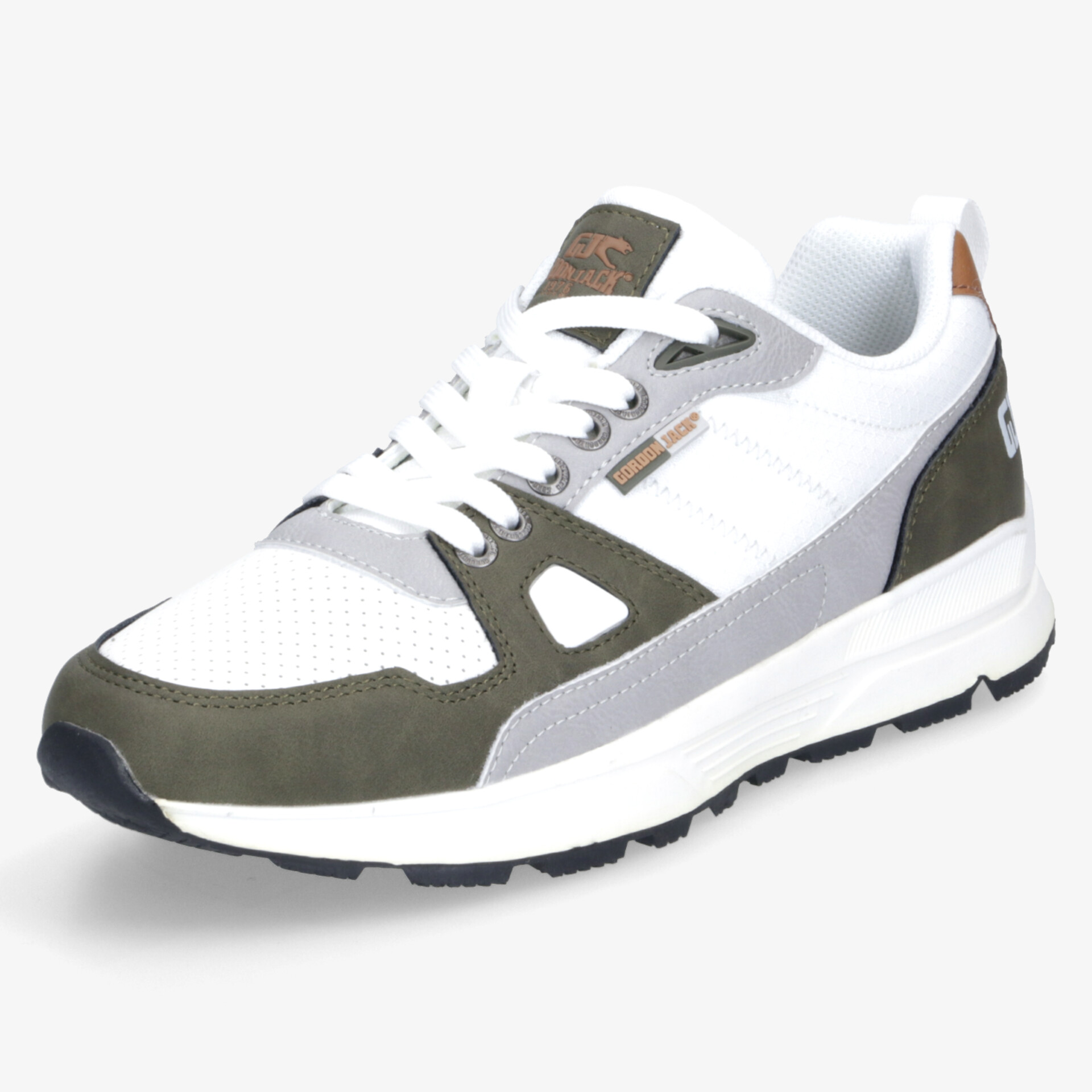 Moderner weißer Sneaker mit grauen und olivgrünen Akzenten, langlebiger Sohle und komfortablem Design für sportlichen Look