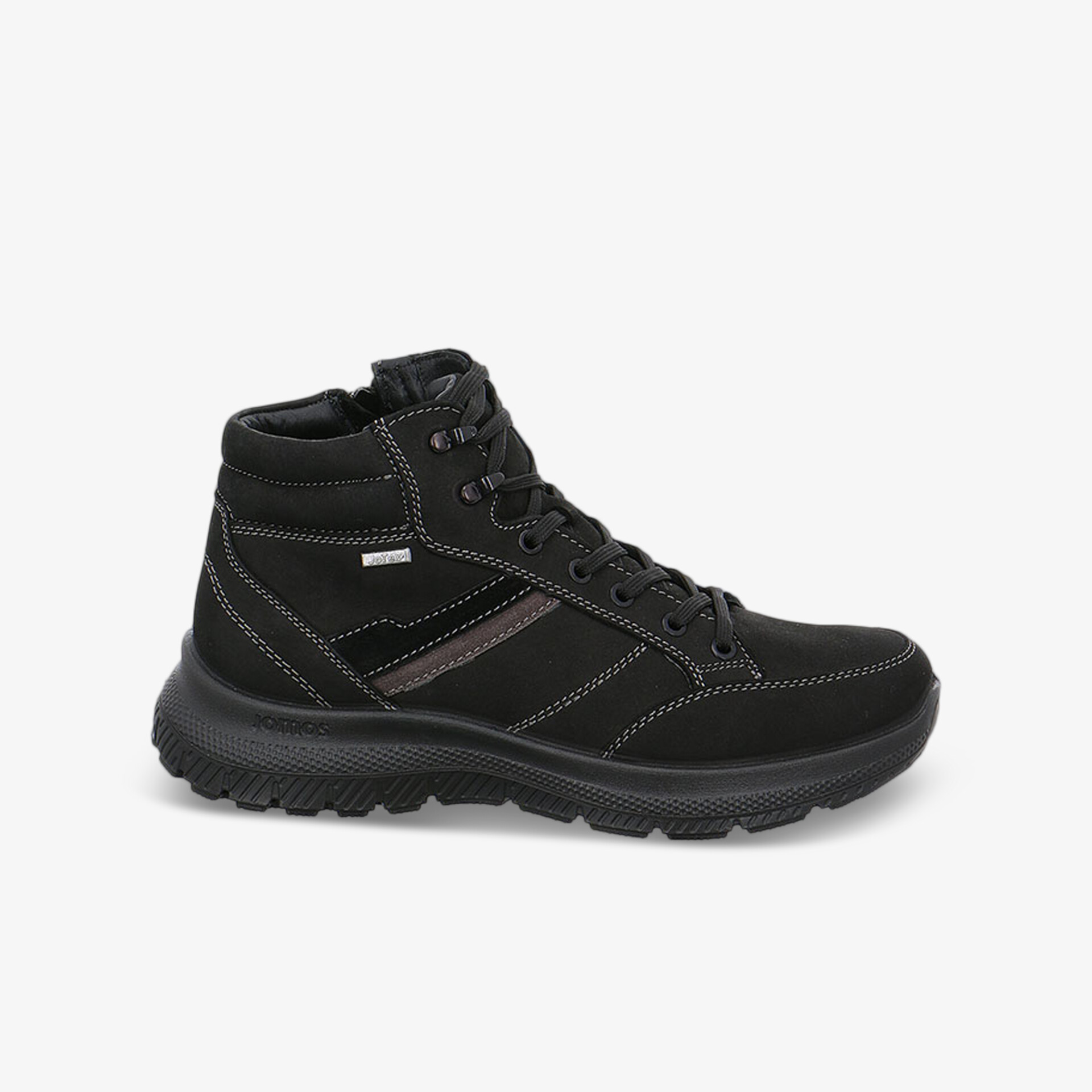 Robuster schwarzer hoher Schuh mit rutschfester Laufsohle und gepolstertem Kragen für optimalen Komfort