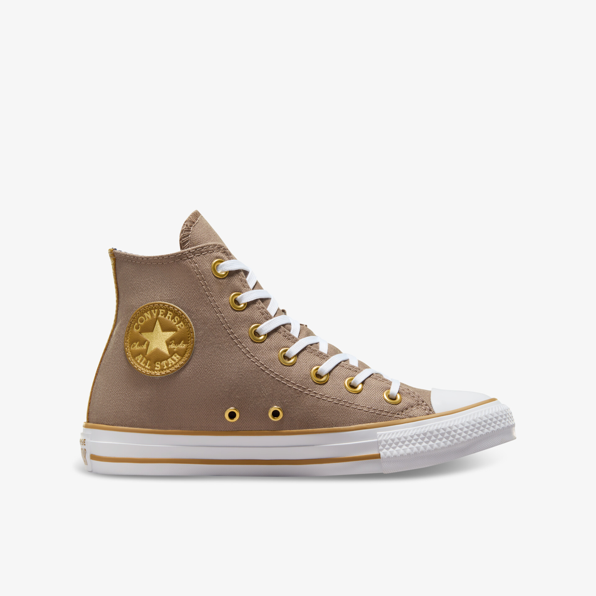 Brauner Hochschnitt-Sneaker seitliche Ansicht, bequem und langlebig mit moderner Schnürung und robuster Gummisohle