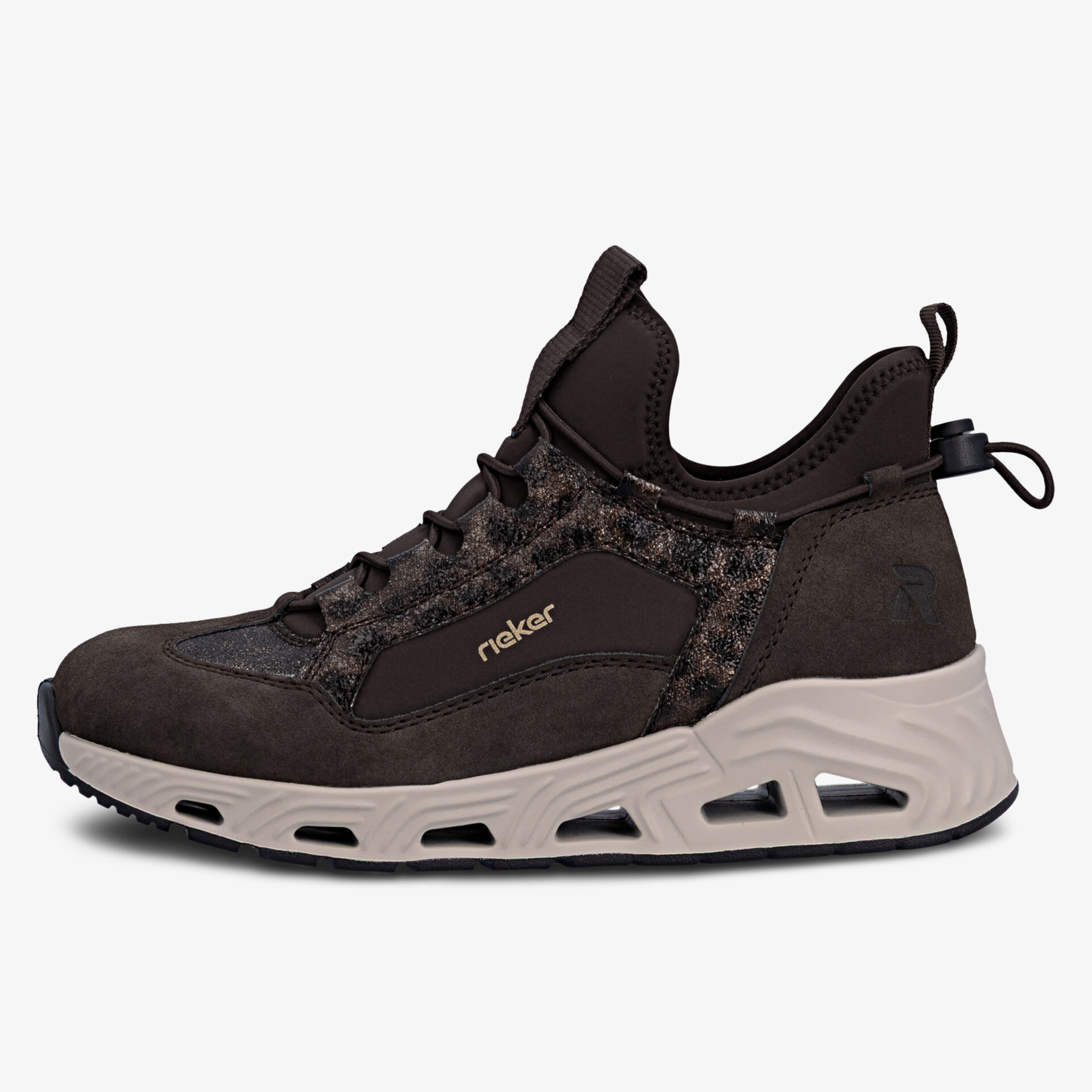Leichter atmungsaktiver Schuh mit flexibler Sohle und sportlichem, modernem Design in dunkler Farbe