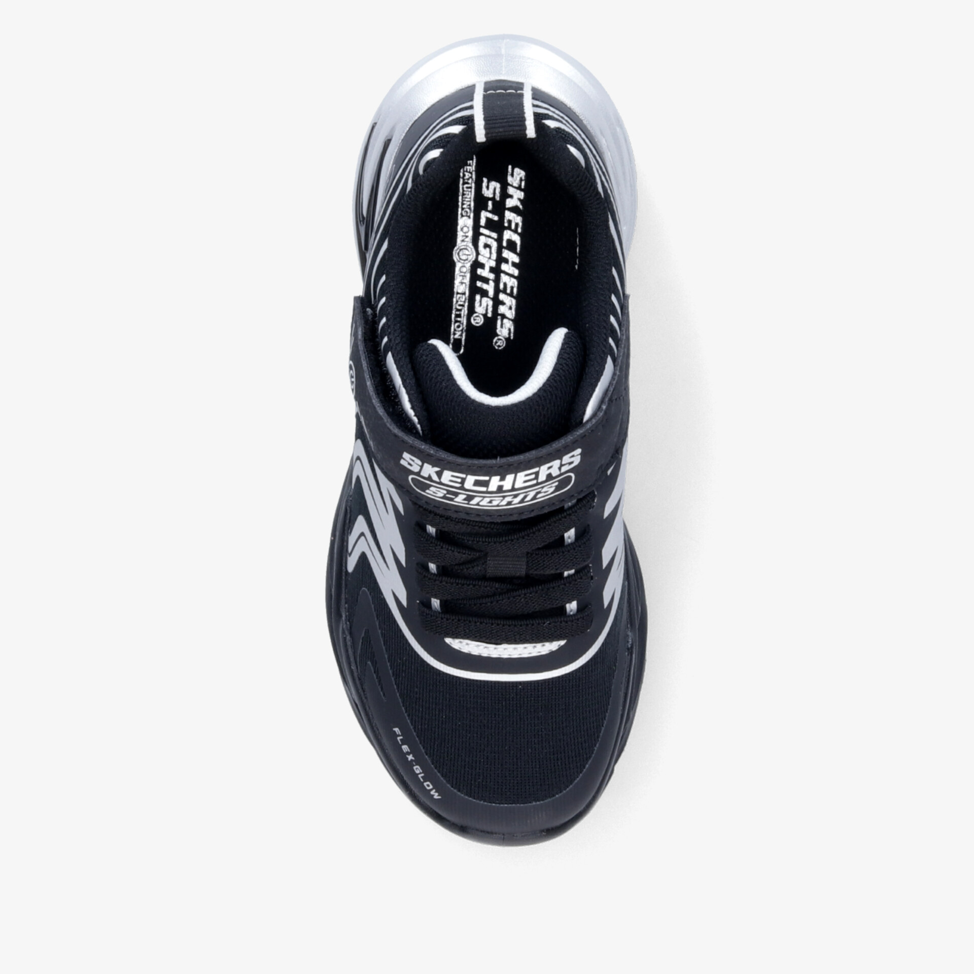 Schwarzer Sneaker mit weißer Sohle und Schnürsenkeln, bequemer und sportlicher Schuh in Draufsicht