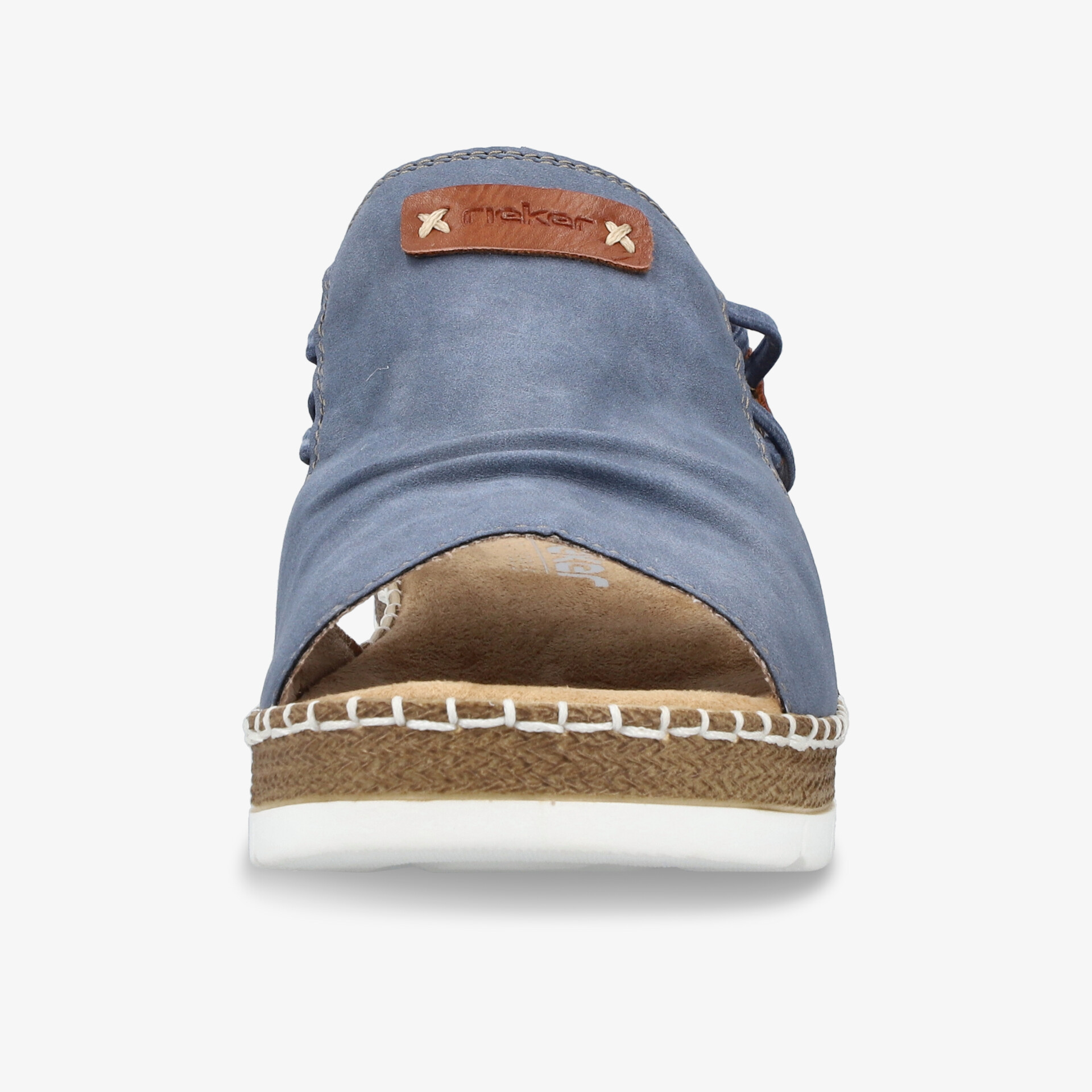 Blauer offener Schuh mit gepolsterter Sohle und Lederapplikation, bequem und modisch gestaltet, ideal für warme Tage