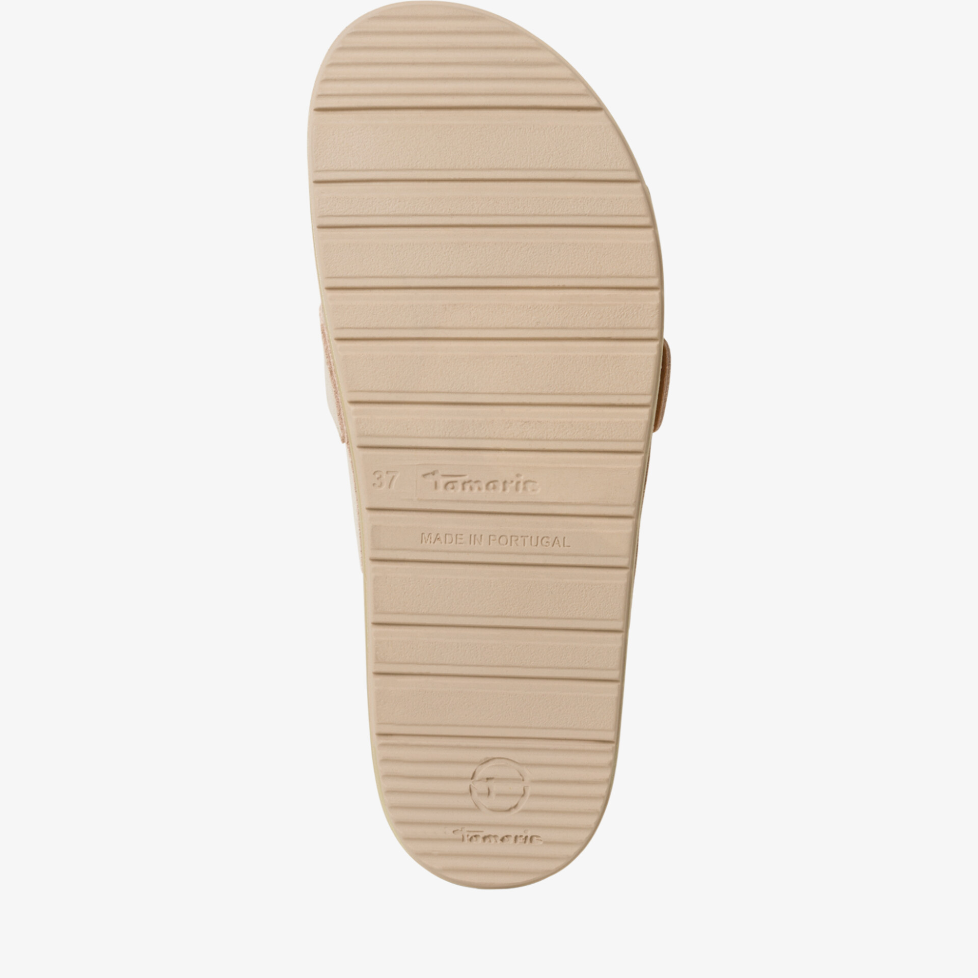 Beige Schuhsohle mit rutschfestem Rillenprofil für sicheren halt und langlebige Nutzung