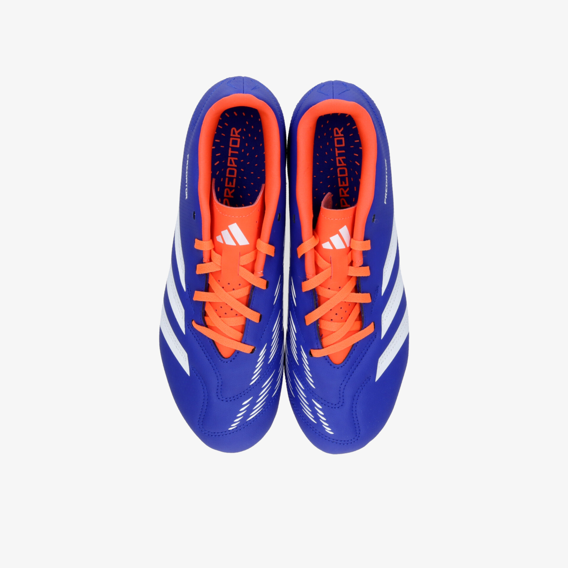 Leichte blaue Sportschuhe mit leuchtend orangefarbenen Schnürsenkeln und weißer Markierung in Draufsicht