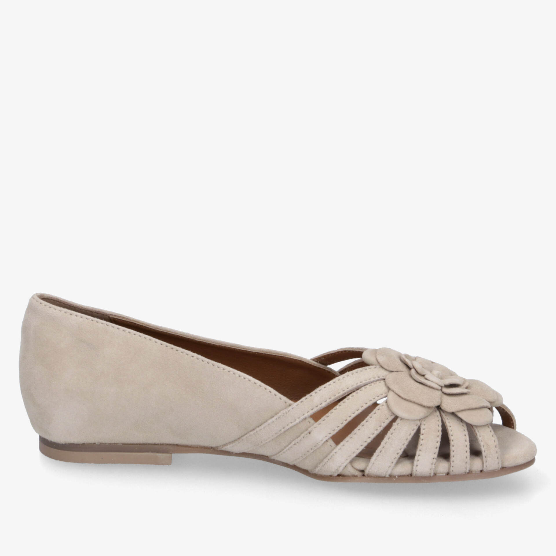 Beiger flacher Ballerina mit offenem Zehenbereich und dekorativer Blume für komfortablen und eleganten Look