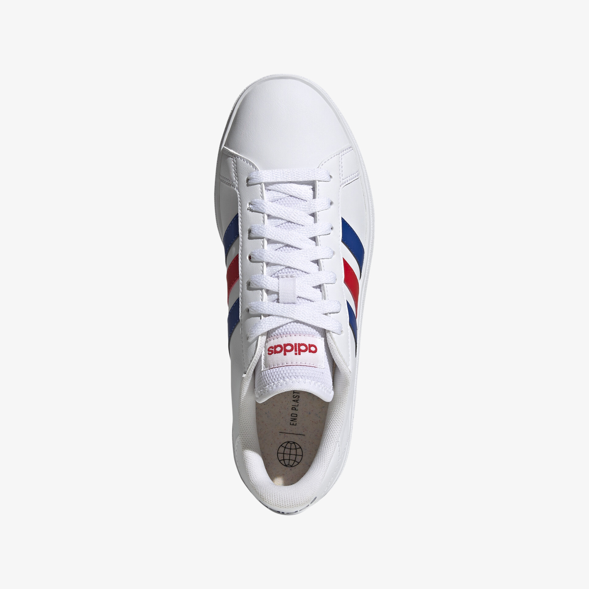 Stilvoller weißer Sneaker mit markanten blauen und roten Streifen für trendige Freizeitoutfits.