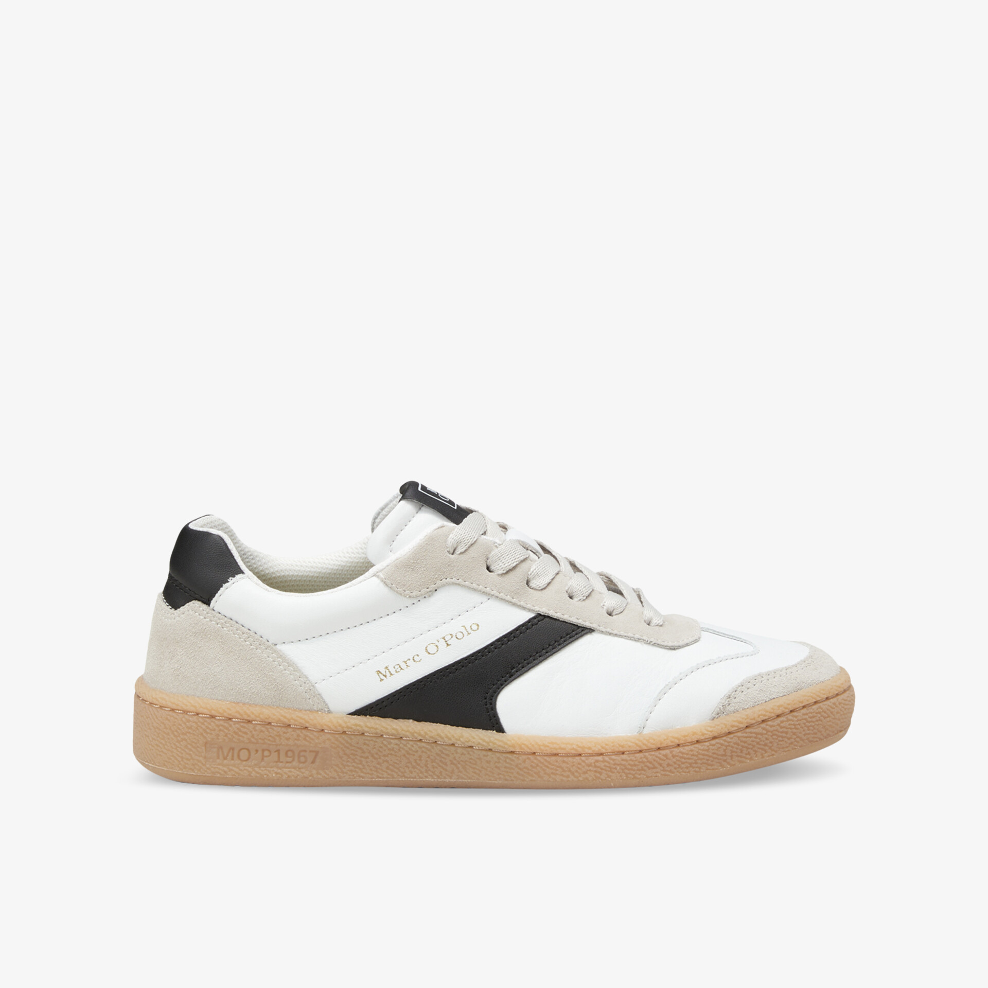 Sportlicher Sneaker in Weiß mit schwarzem Akzent und beiger Sohle, leicht und bequem für Alltag