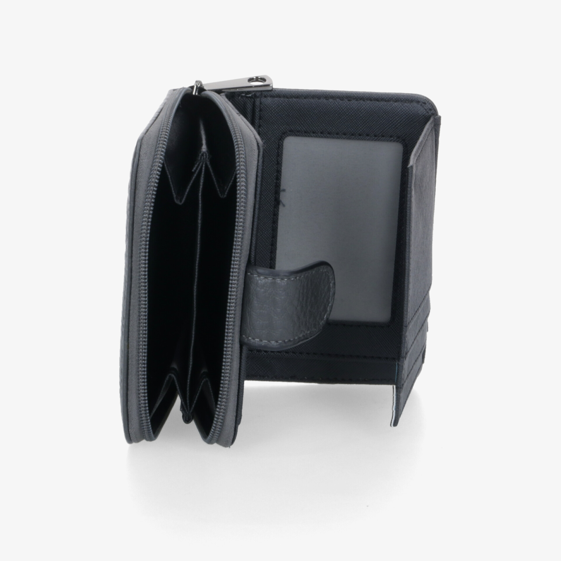 Schwarze Geldbörse geöffnet mit mehreren Fächern und Reißverschluss für übersichtliche und sichere Aufbewahrung