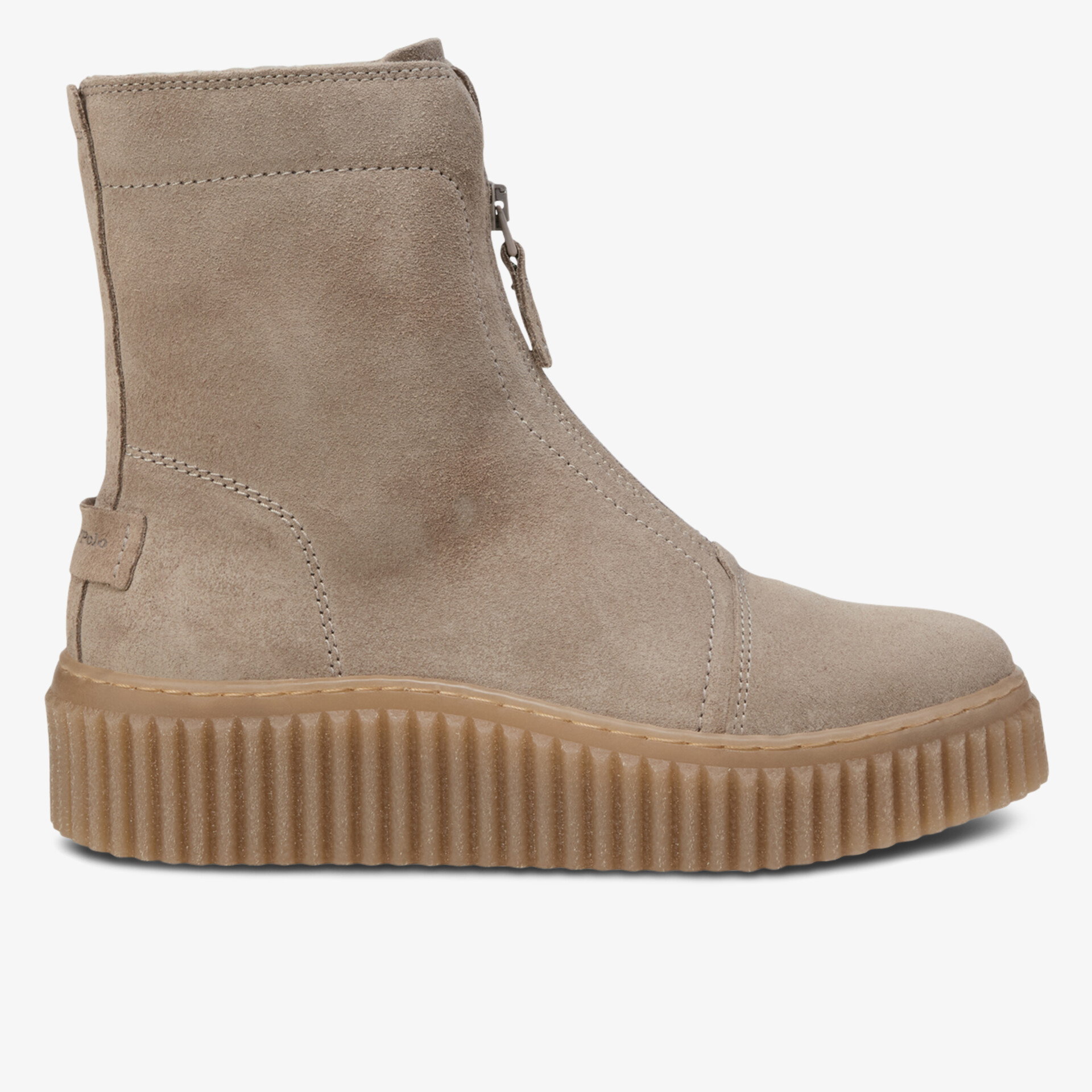 Seitliche Ansicht eines schlichten, bequemen Schuhs mit robuster Profilsohle und praktischem Reißverschluss