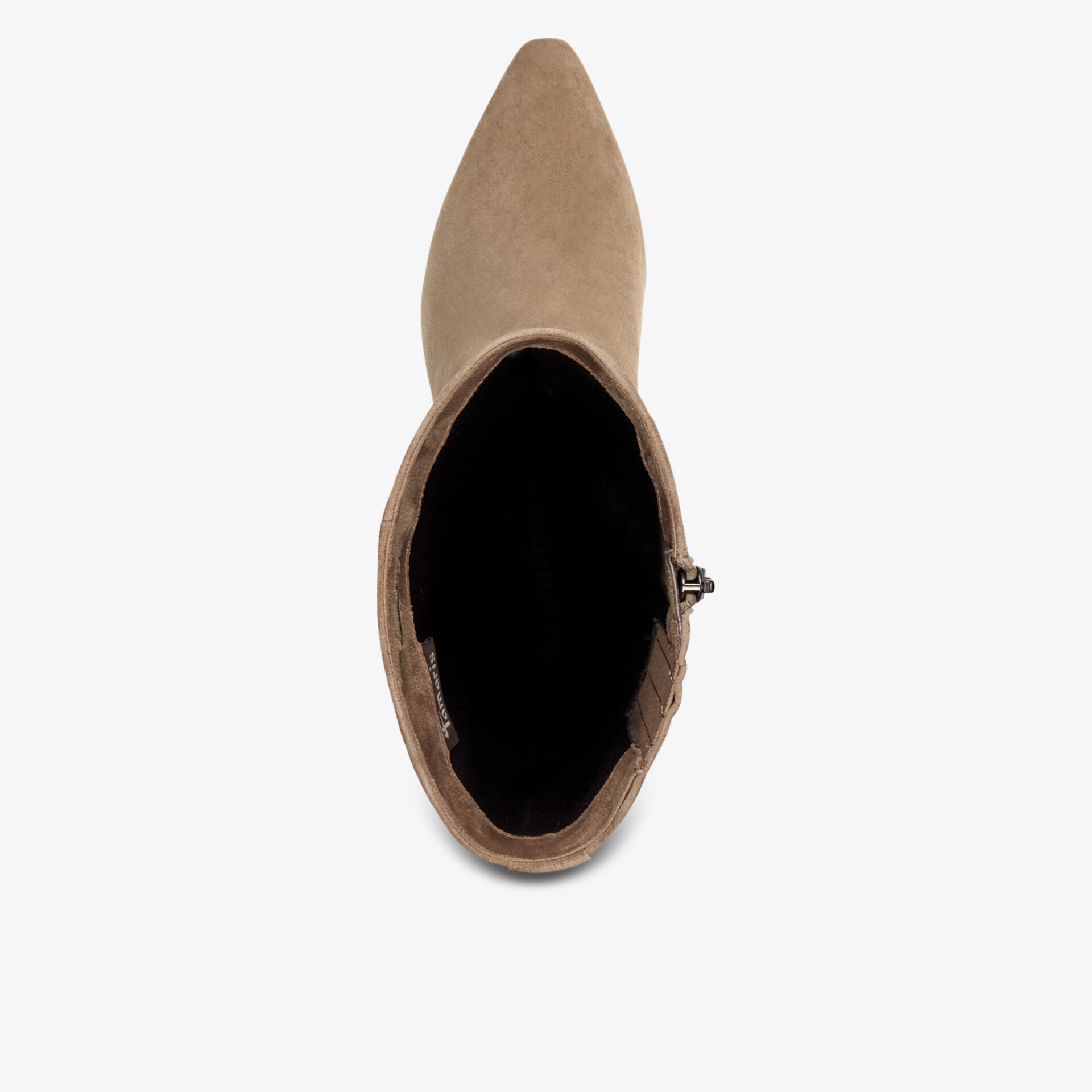 Draufsicht auf spitz zulaufenden Schuh mit glattem Innenfutter und feiner Materialstruktur