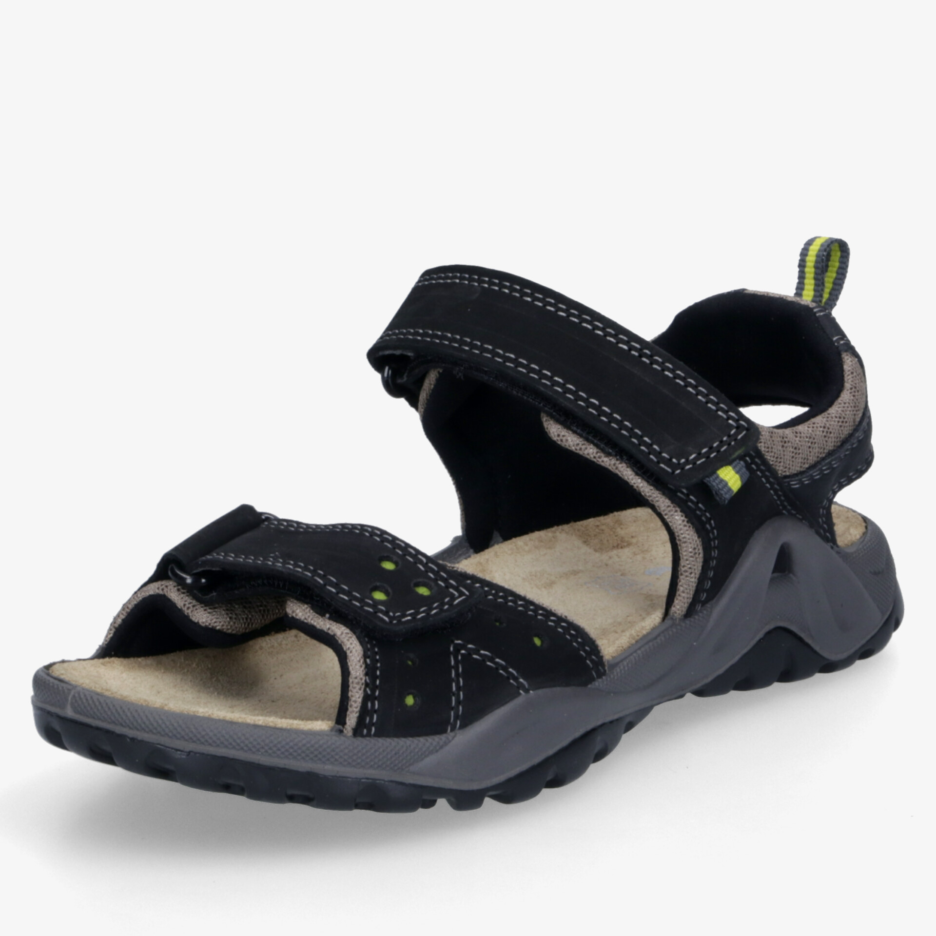 Schwarze sportliche Sandale mit verstellbaren Klettverschlüssen, robuster Sohle und gepolsterter Innensohle