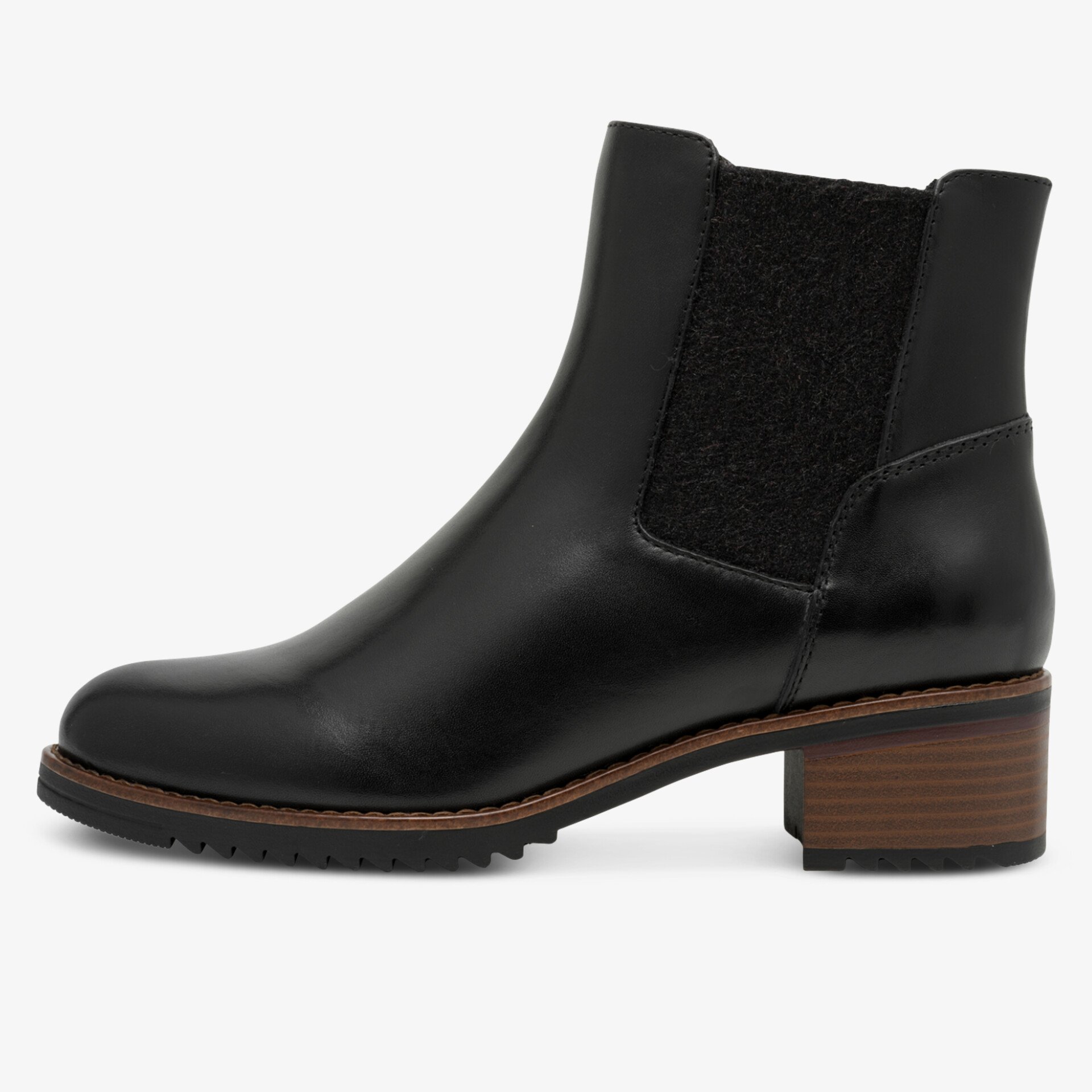 Eleganter schwarzer Stiefel aus glattem Leder mit elastischem Einsatz und komfortablem Blockabsatz