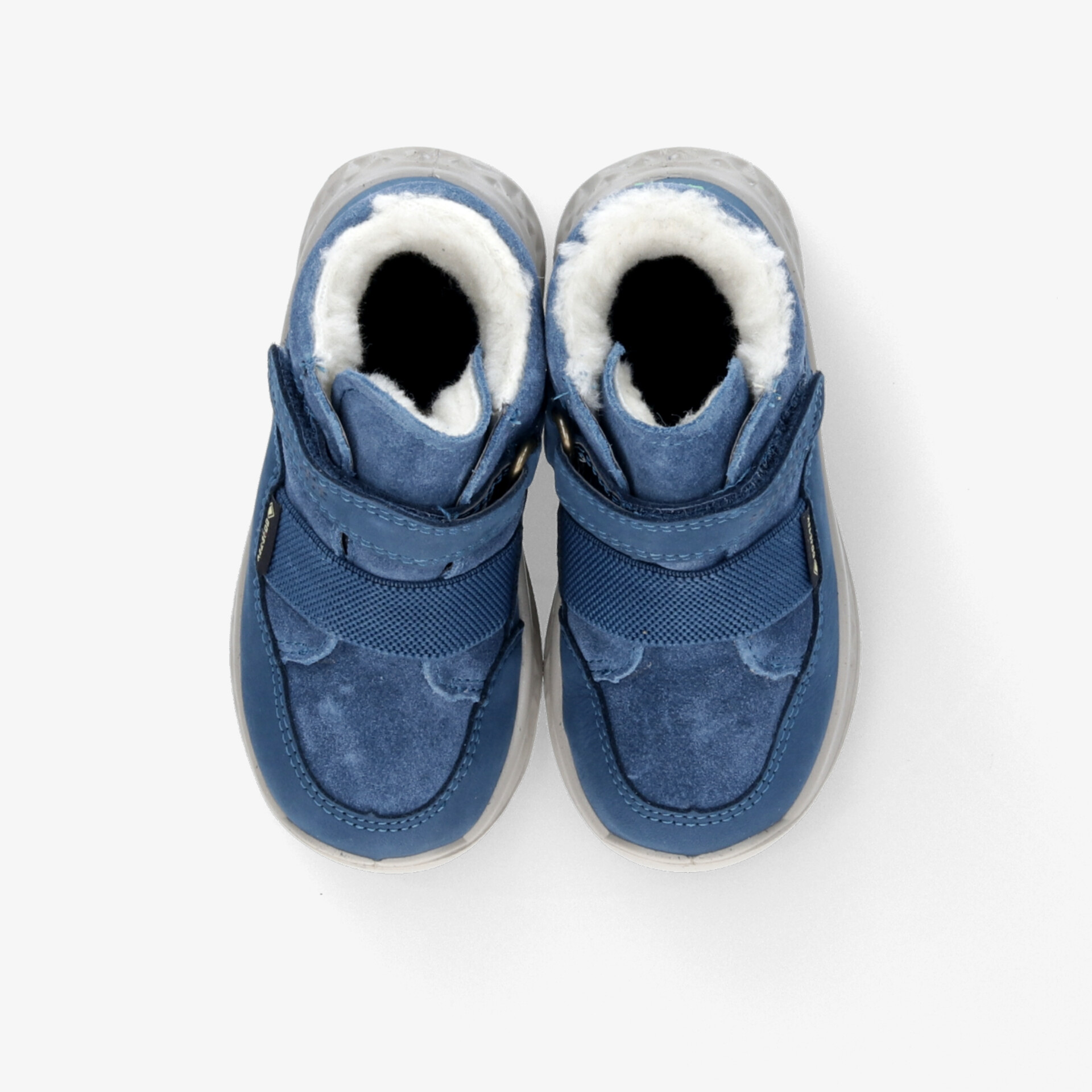 Blau gefütterte Schuhe mit verstellbarem Klettverschluss und rutschfester Sohle für sicheren Halt und Komfort