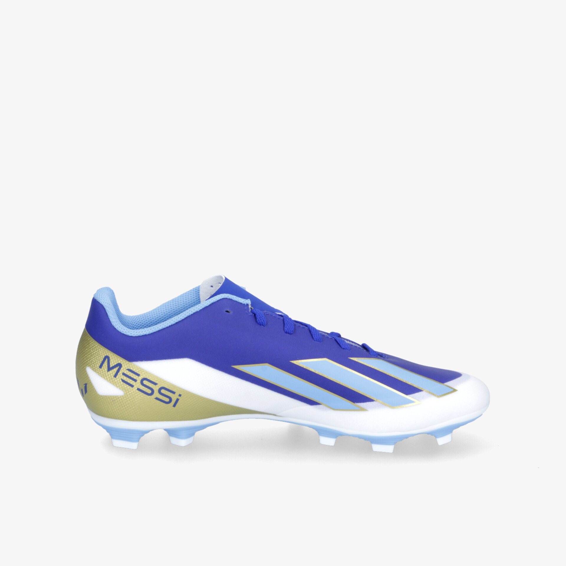 Leichter Fußballschuh mit dynamischem Design in Blau, Weiß und Gold für optimale Ballkontrolle und stabilen Halt