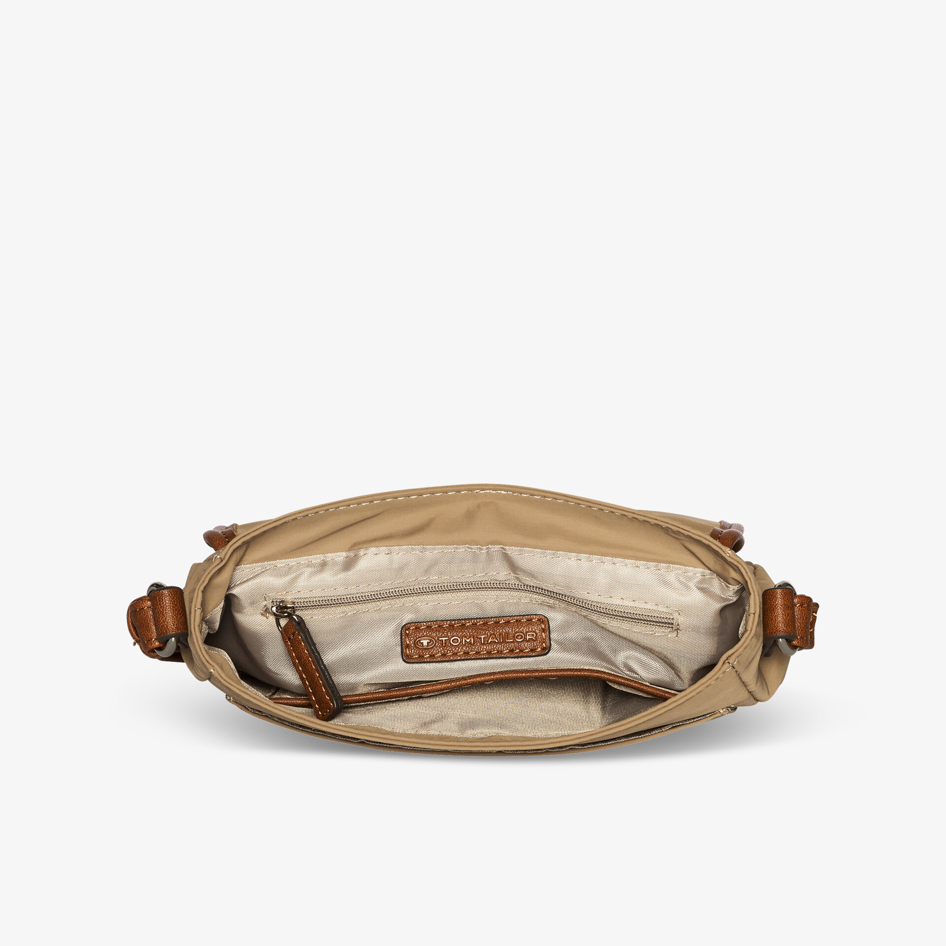 Offene Handtasche mit heller Innenausstattung, Reißverschlussfach und geräumigem Hauptfach für optimale Organisation