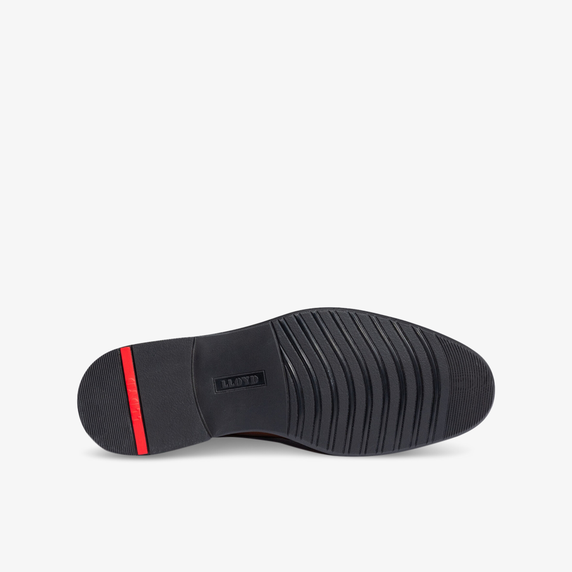schwarze Schuhsohle mit tiefem Profil und rotem Akzent, robust und rutschfest für sicheren Halt