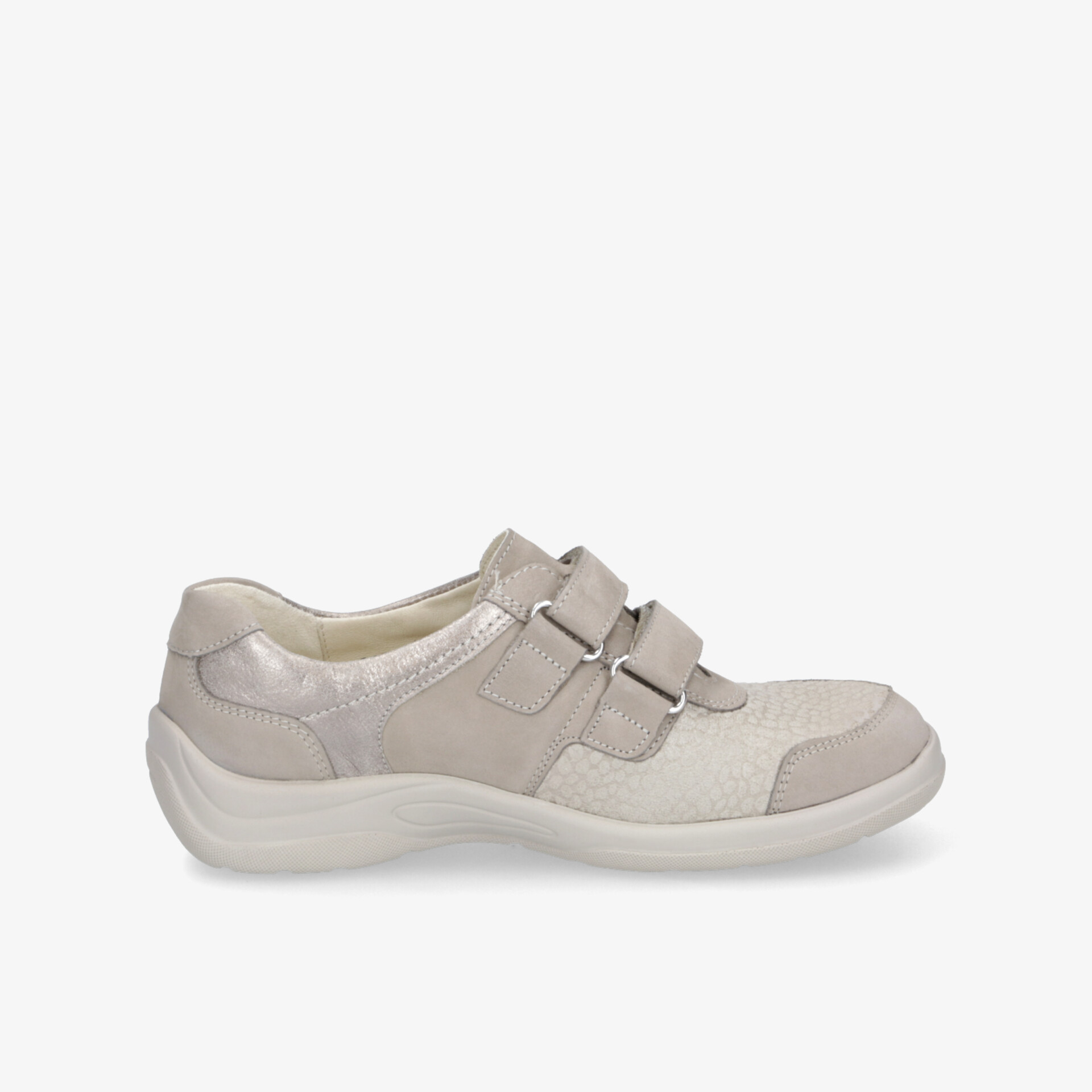 Bequemer beiger Sneaker mit stabiler Sohle und praktischem Klettverschluss in klarer Seitenansicht