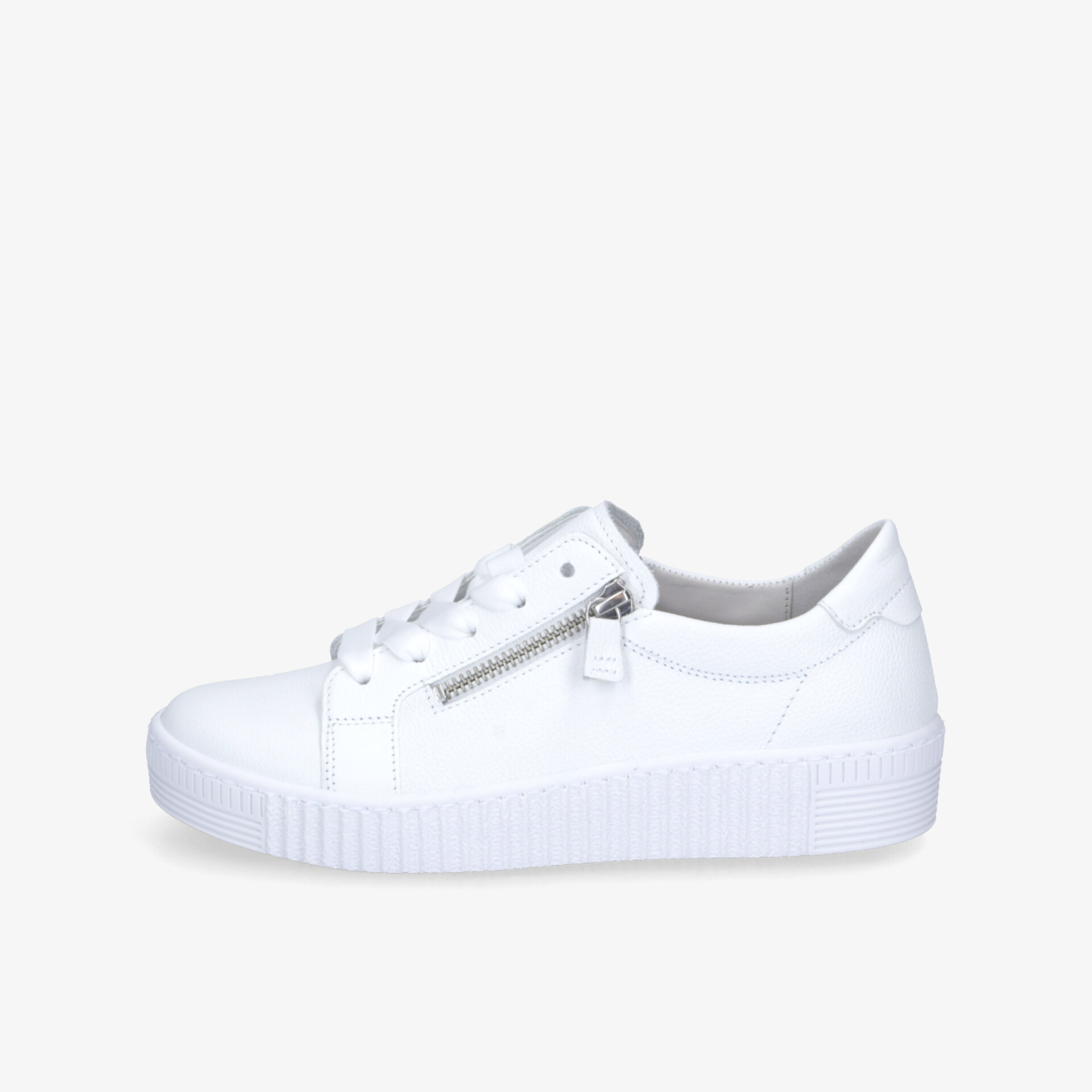 Weißer Sneaker seitlich mit Schnürung und seitlichem Reißverschluss, robuster Sohle und bequemem Sitz