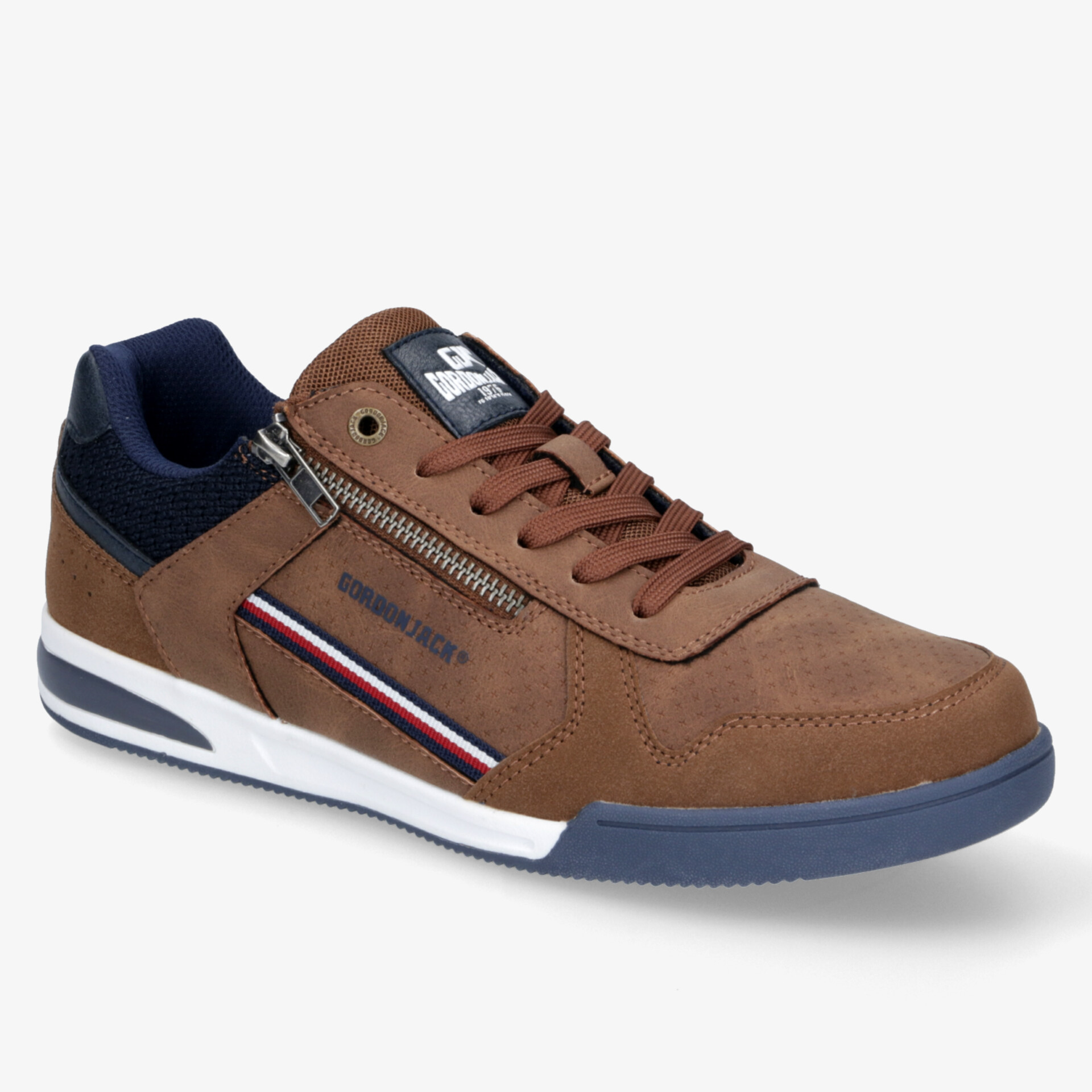 Moderner, brauner Sneaker mit blauen Details und Reißverschluss, ideal für Alltag und Freizeit.