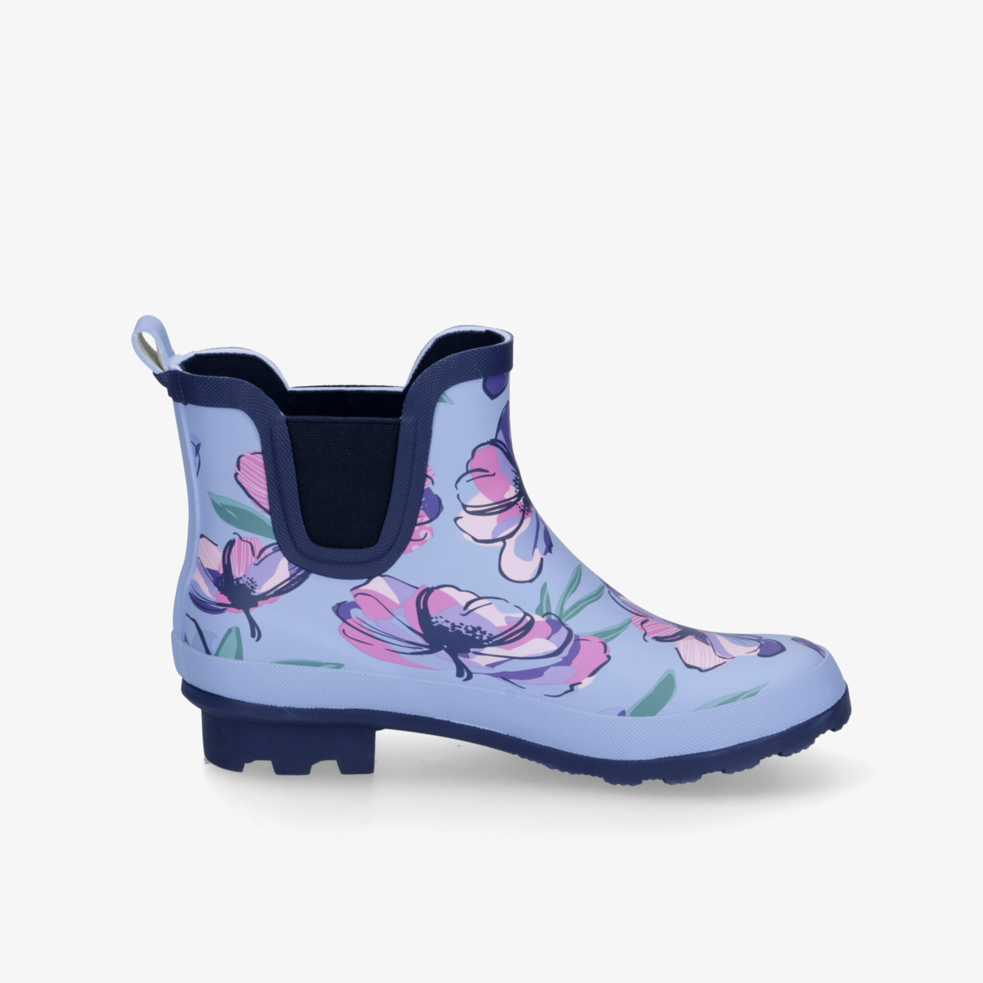 Leichter, widerstandsfähiger Gummistiefel mit rutschfester Sohle und modischem floralen Muster, seitliche Ansicht
