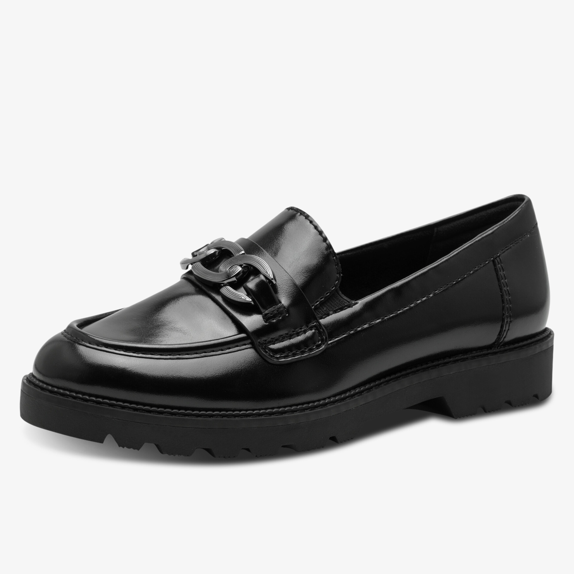 Moderner schwarzer Lederloafer mit modischer Schnalle und robustem Absatz für stilvollen Komfort