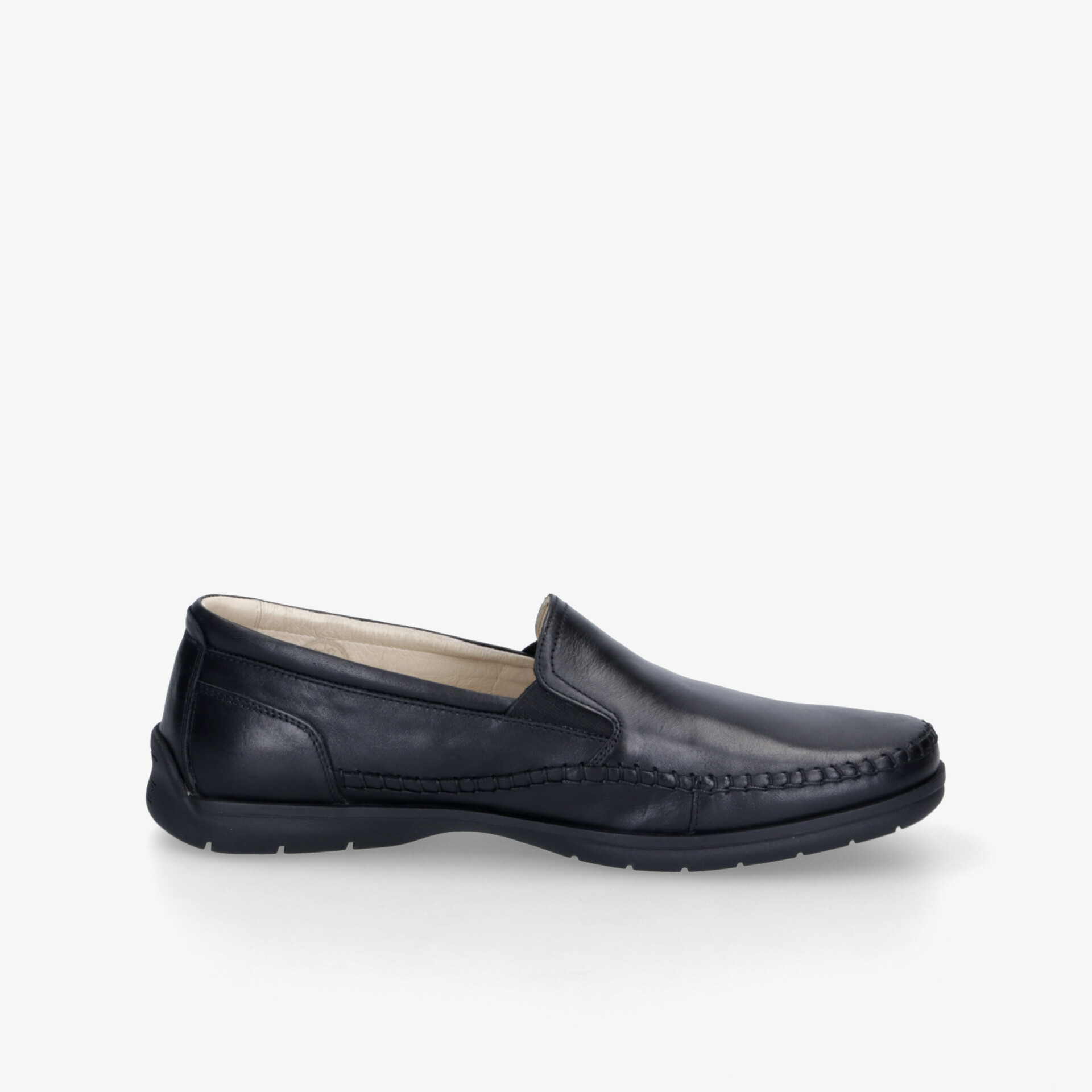 Schwarz eleganter Lederschuh mit flexibler Sohle und hochwertiger Verarbeitung in klarer Seitenansicht