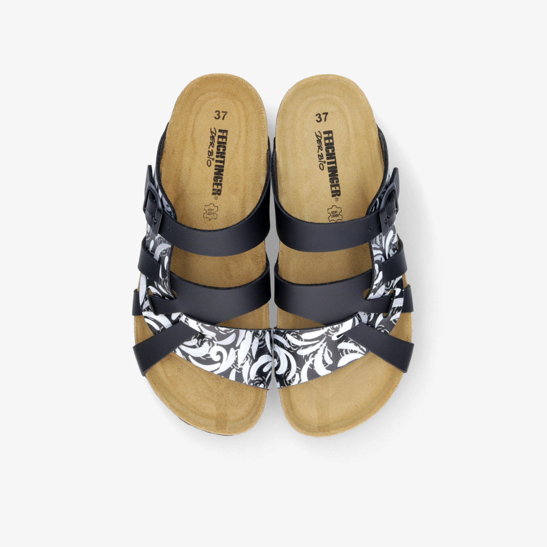 Bequeme schwarze Sandalen mit weißen Mustern, verstellbaren Riemen und gepolstertem Fußbett für optimalen Komfort