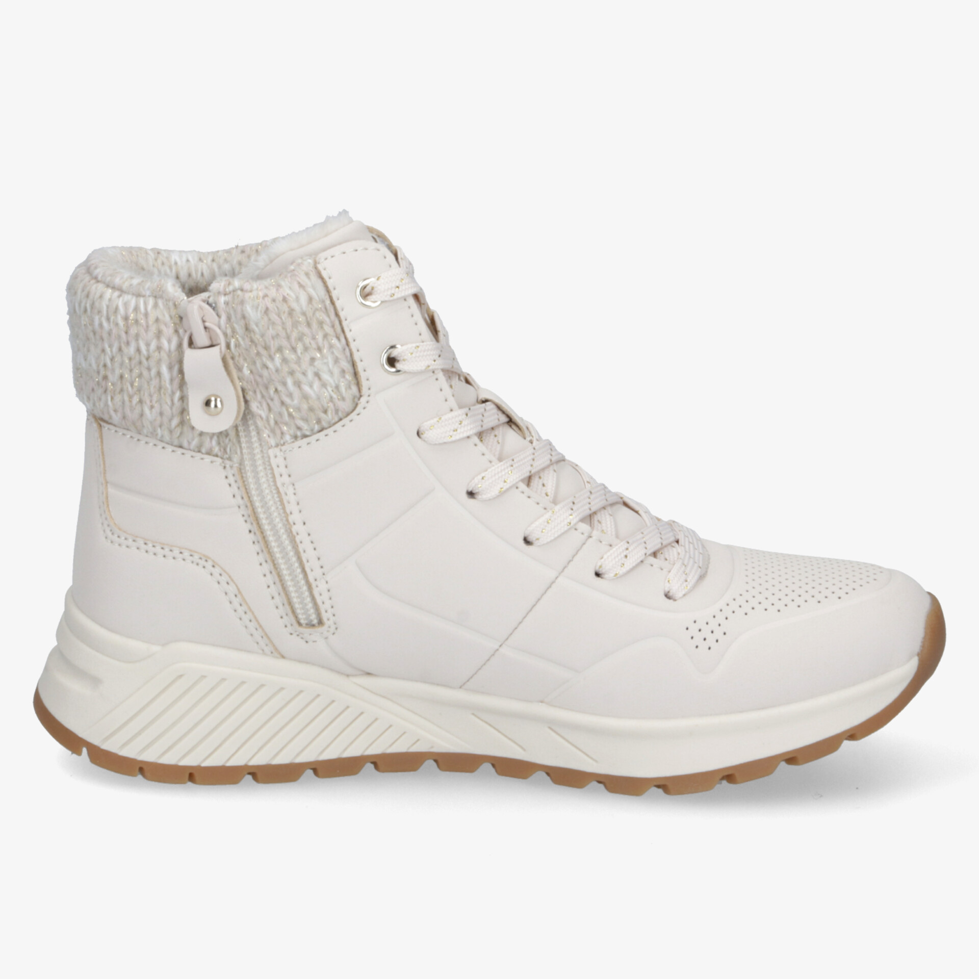 Moderne weiße Winterschuhe mit Schnürung und Reißverschluss, rutschfeste Sohle für optimalen Komfort im Winter.