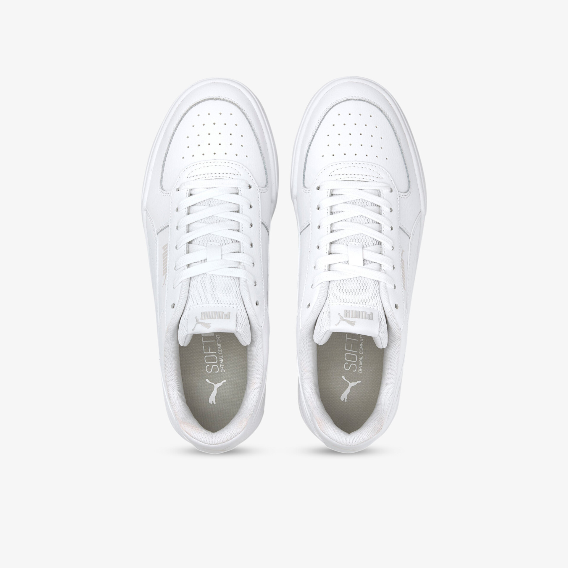 Stylische weiße Sneaker mit perforierten Details und schlichtem Design, ideal für modische Auftritte.