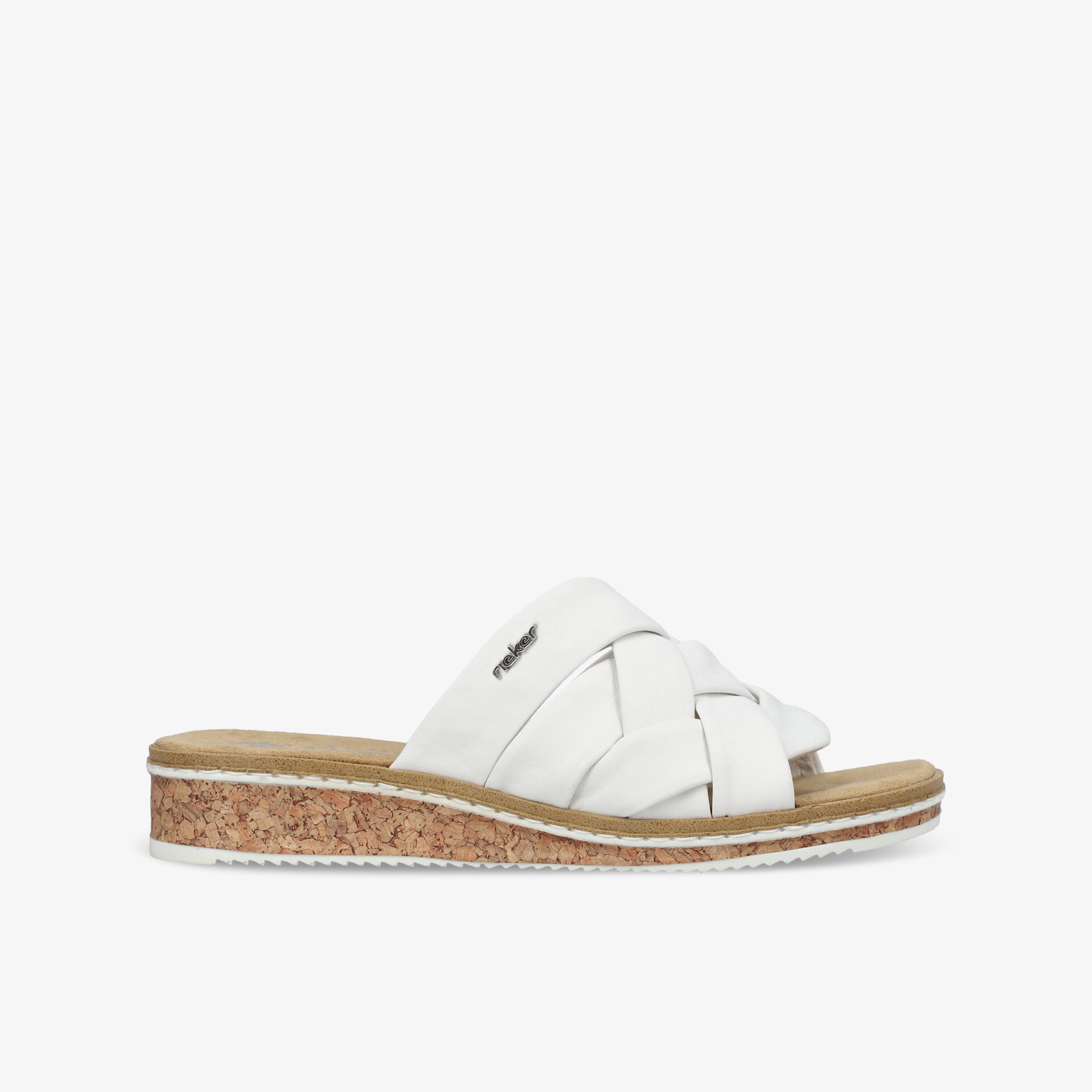 Seitliche Ansicht eines weißen Lederslippers mit komfortabler Korksohle und rutschfester, leichter Bauweise