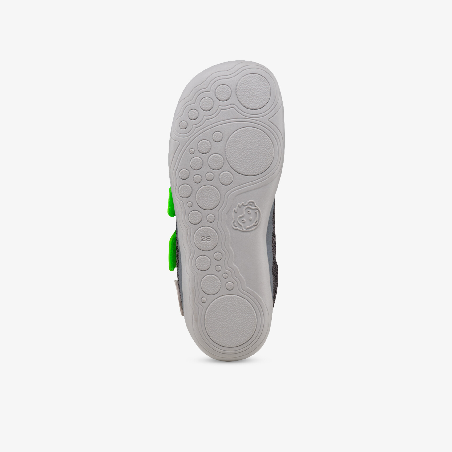 Graue Schuhsohle mit grünem Akzent, rutschfestes Profil, ergonomisch und langlebig für optimalen Komfort