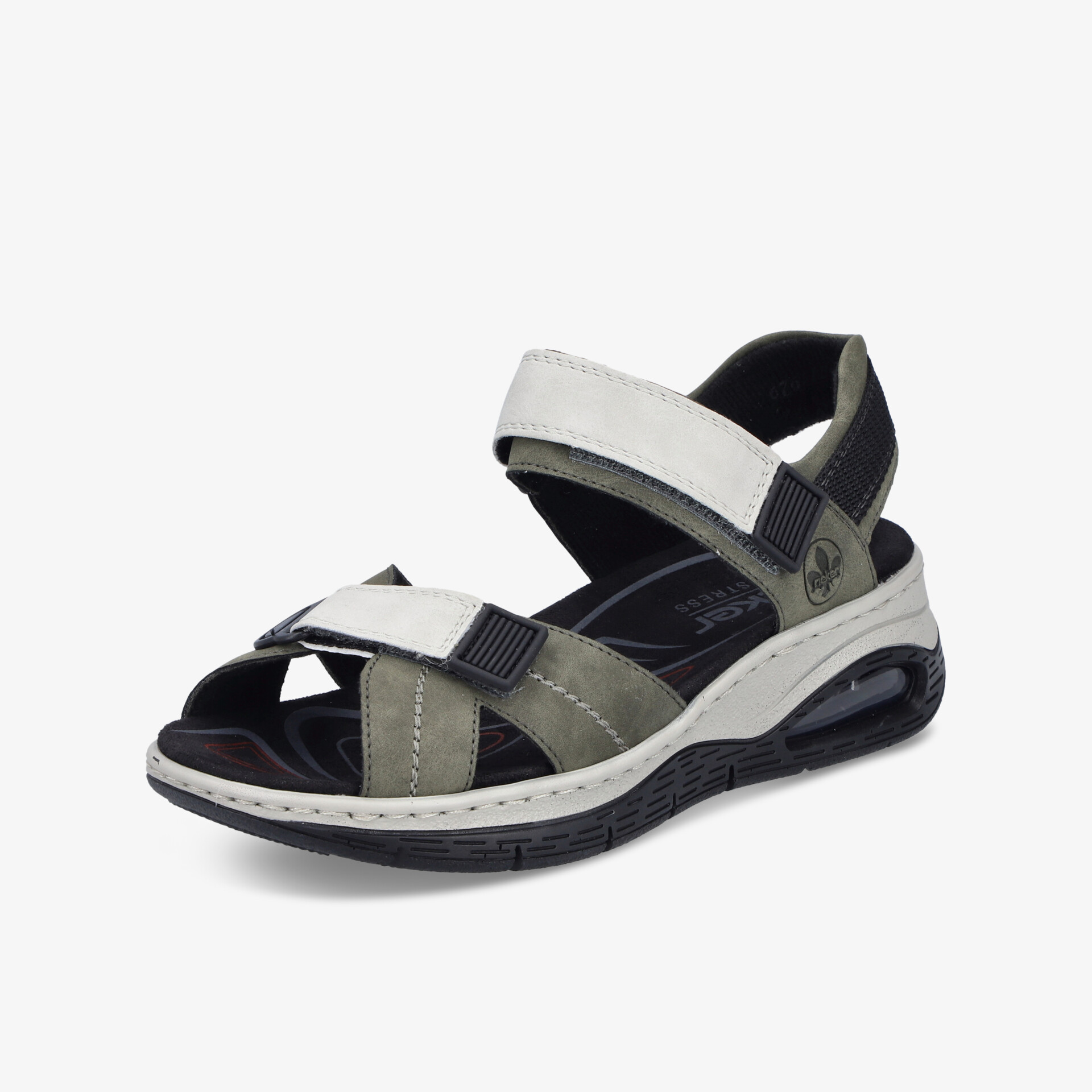 Sportliche Sandale in Grau und Schwarz mit verstellbaren Riemen und rutschfester Sohle, seitliche Ansicht