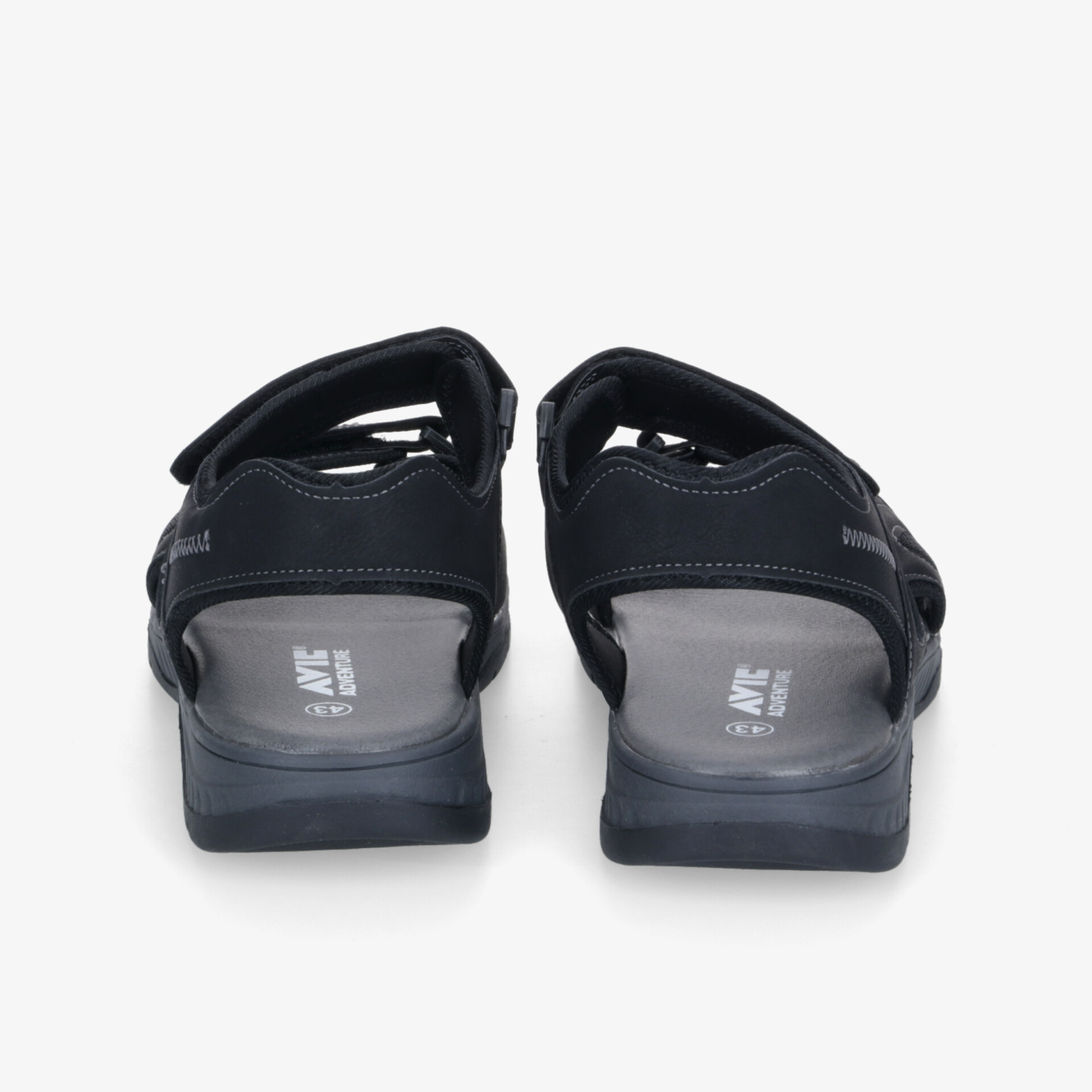 Schwarze Sandalen mit verstellbaren Riemen und robuster Sohle in Rückansicht, ideal für Freizeit und Alltag