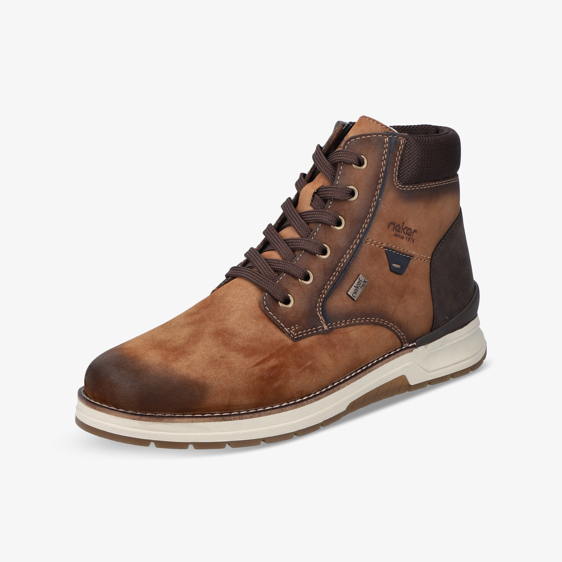 Moderner brauner Ledersneaker mit Schnürung, seitlichem Reißverschluss und weißer Profilsohle für bequemen Tragekomfort