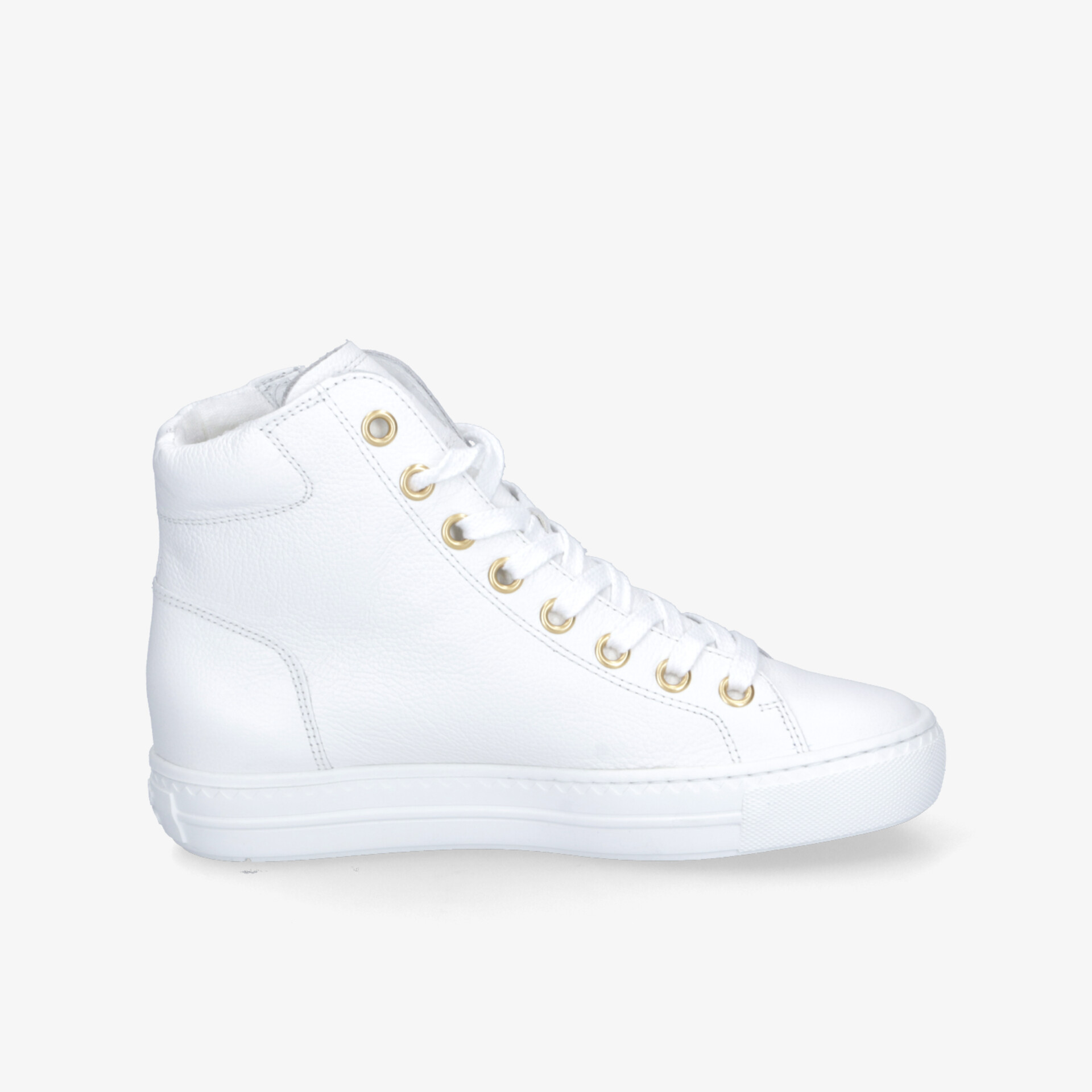 Moderner weißer Sneaker mit hohem Schaft und gepolsterter Knöchelstütze, seitliche Ansicht