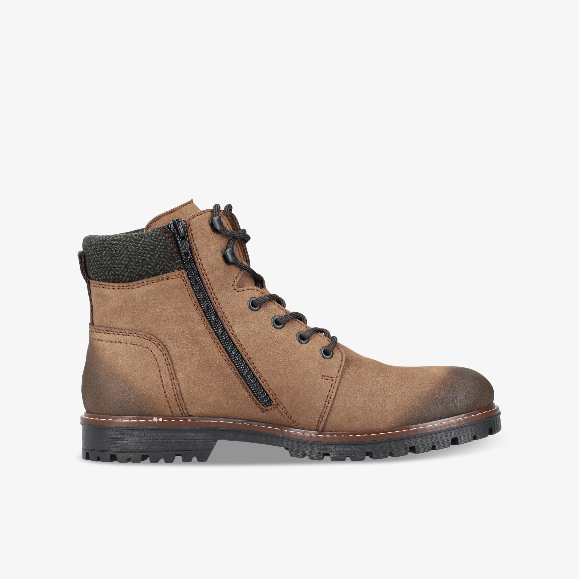 Robuster und komfortabler Lederstiefel mit Reißverschluss und rutschfester Sohle, seitliche Ansicht