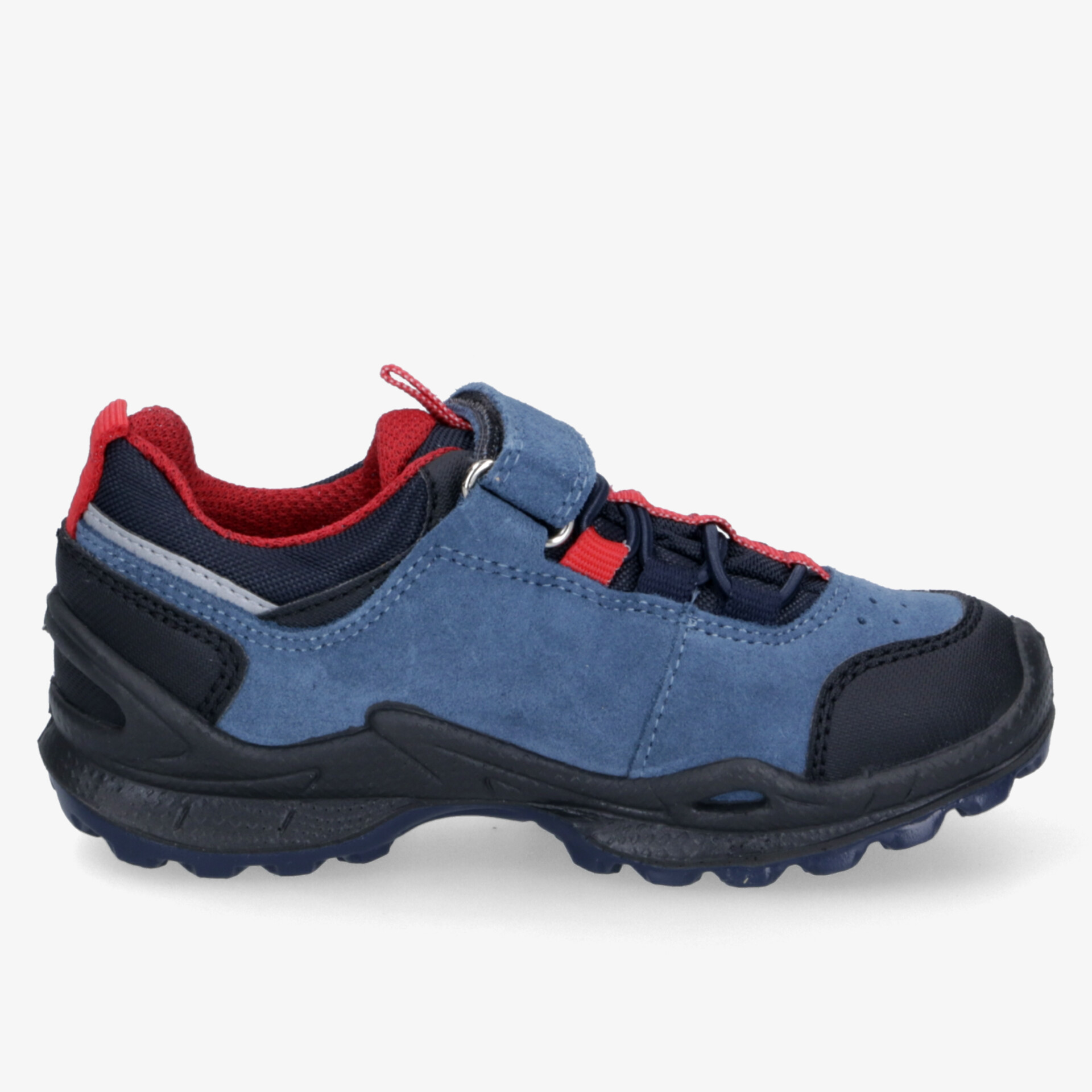 Robuster Outdoor-Schuh in Blau mit rotem Innenfutter, rutschfeste Sohle und gepolstertem Einstieg für hohen Tragekomfort