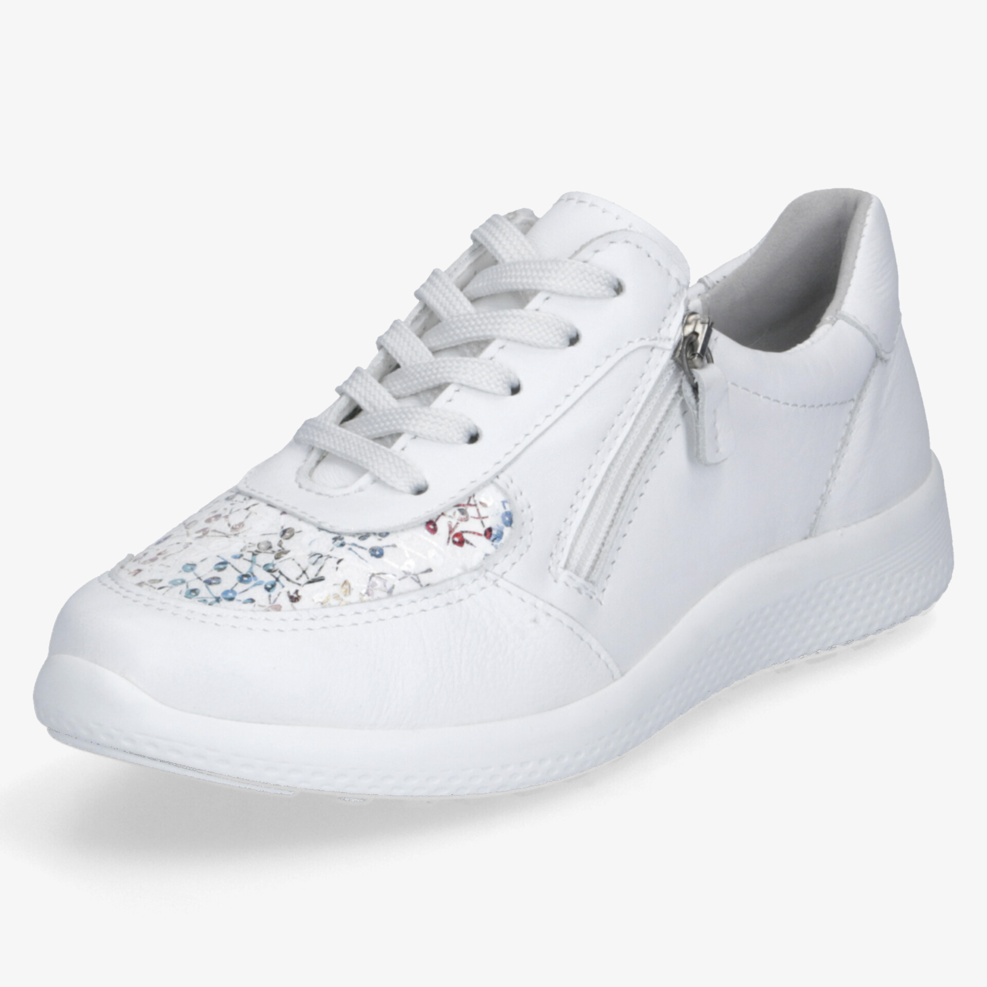 Weißer Sneaker mit praktischem Reißverschluss, gepolstertem Kragen und robuster Sohle für hohen Tragekomfort