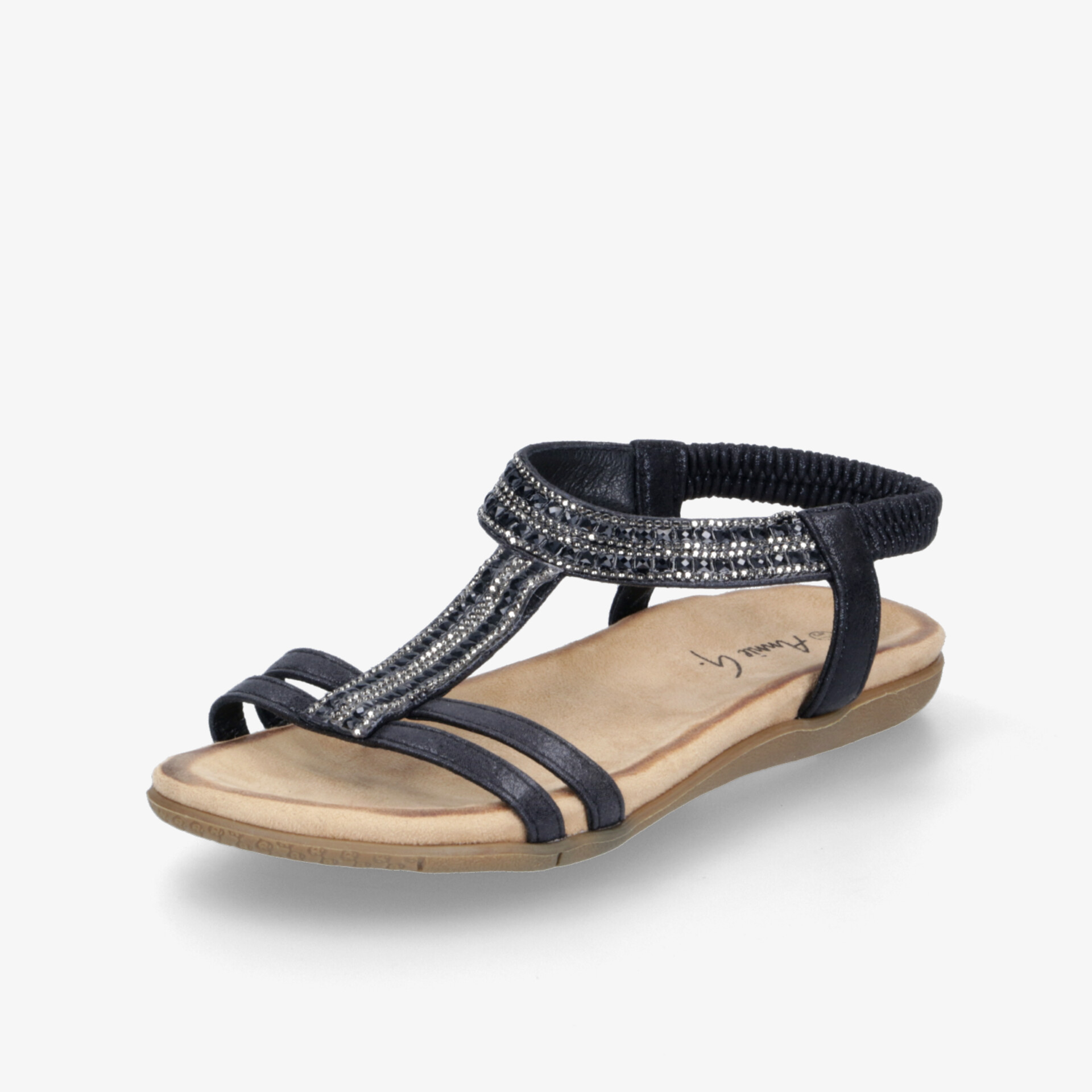 Bequeme schwarze Sandale mit eleganten Riemen und funkelnden Steinverzierungen, leichte flache Sohle