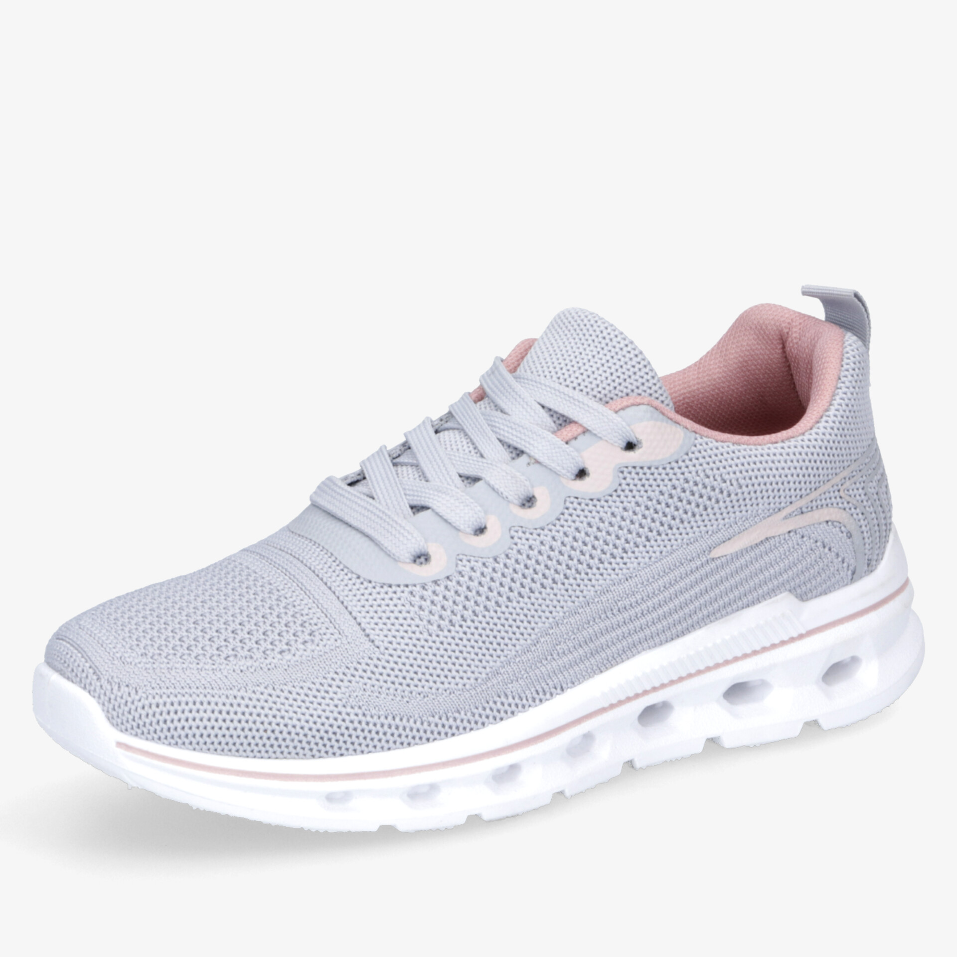 Leichter hellgrauer Sneaker mit atmungsaktivem Mesh und gepolstertem Innenfutter in Rosa, flexible weiße Sohle
