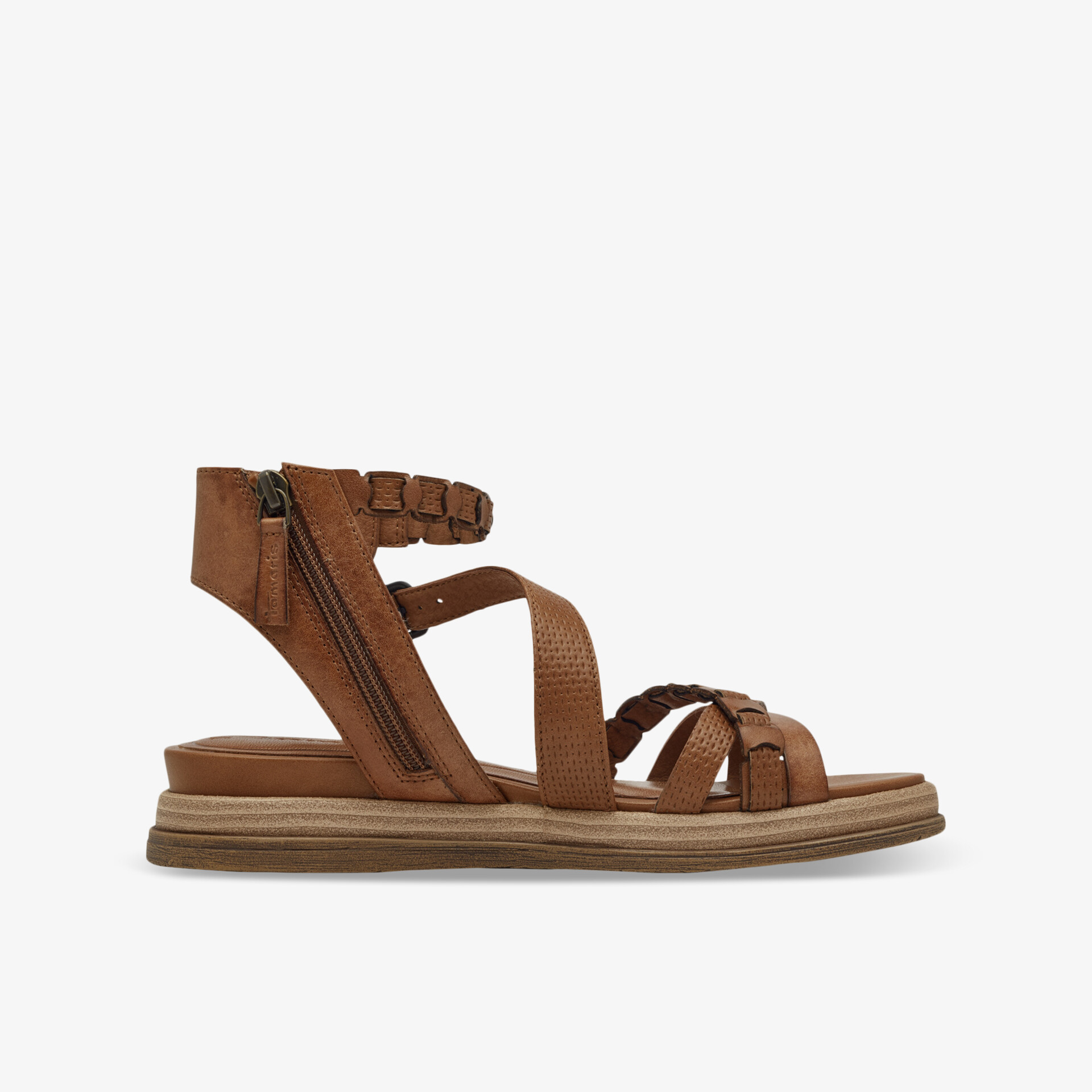 Seitliche Ansicht einer braunen Ledersandale mit flacher bequemer Sohle und praktischem Reißverschluss